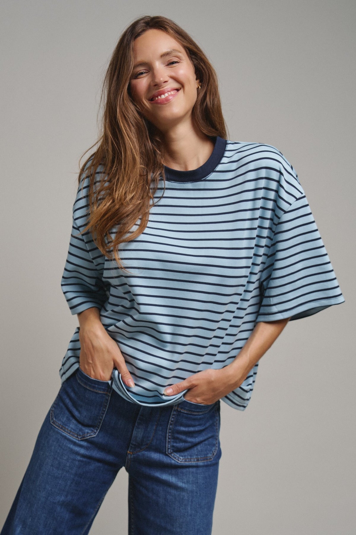 Oversized Striped Contrast Neck Boxy Tee