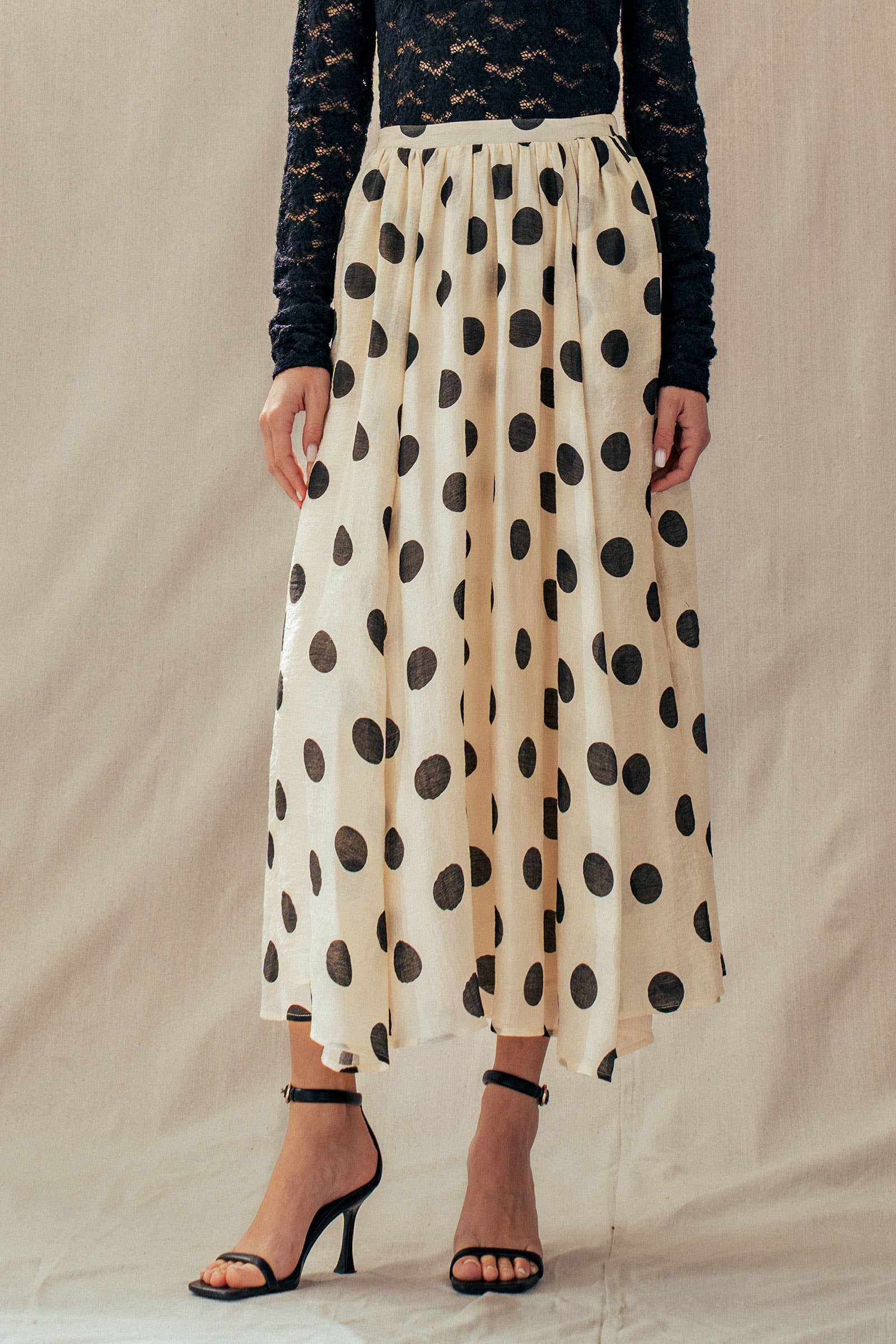 Polka Dot Elastic Waist Midi Skirt