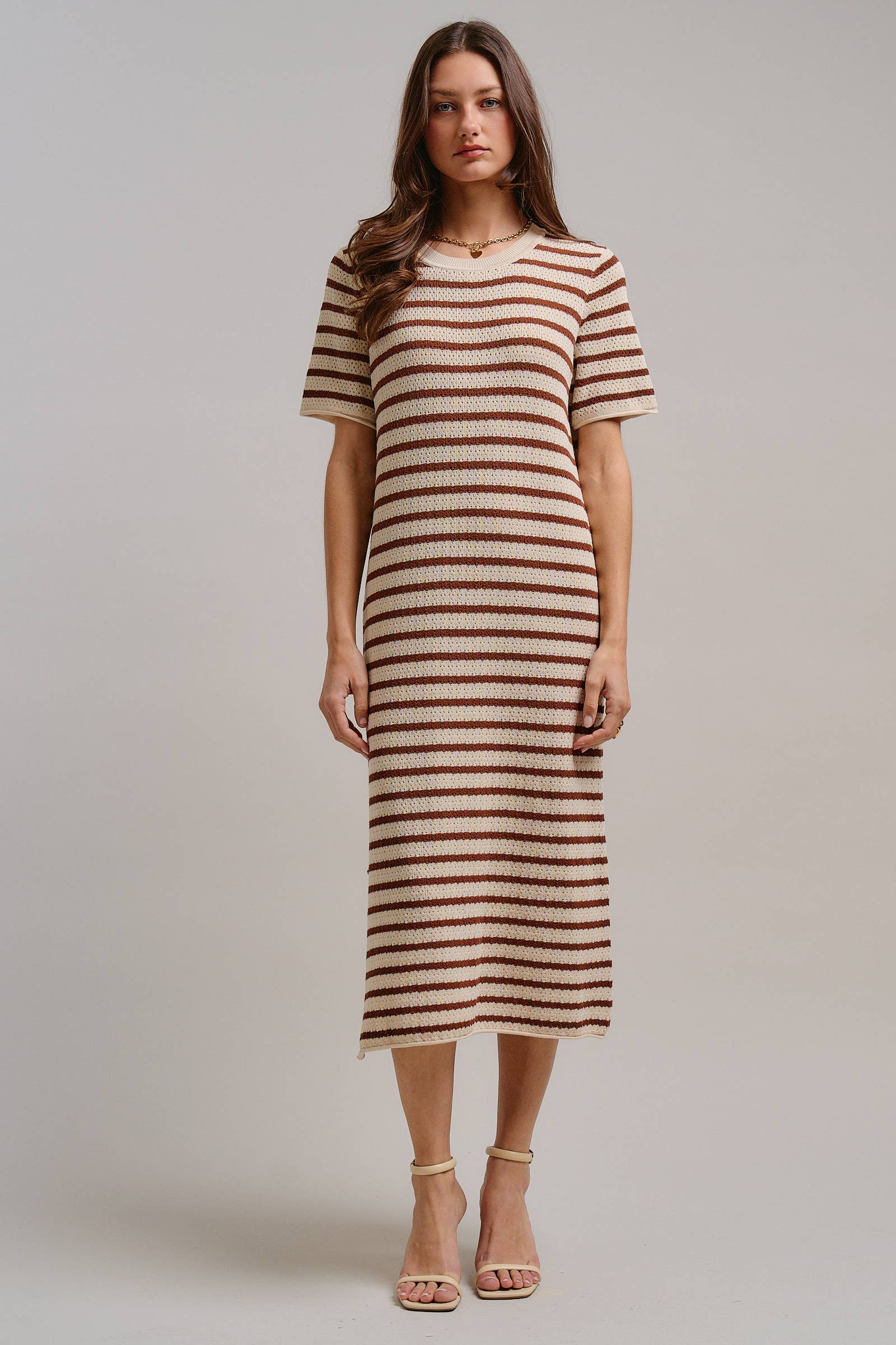 Striped Crochet Knit Short Sleeve Midi Dress