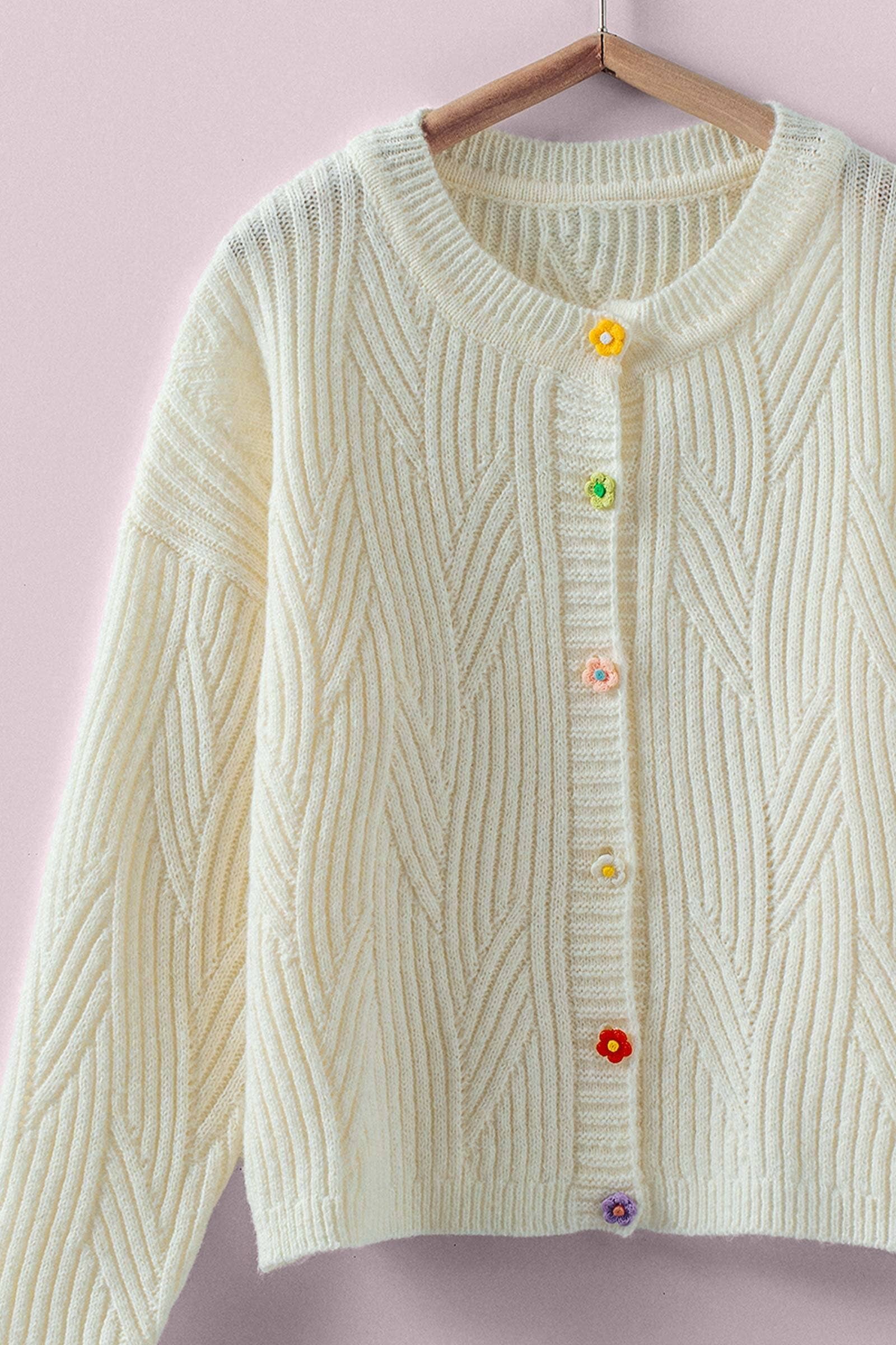 Flower Button Textured Knit Cardigan