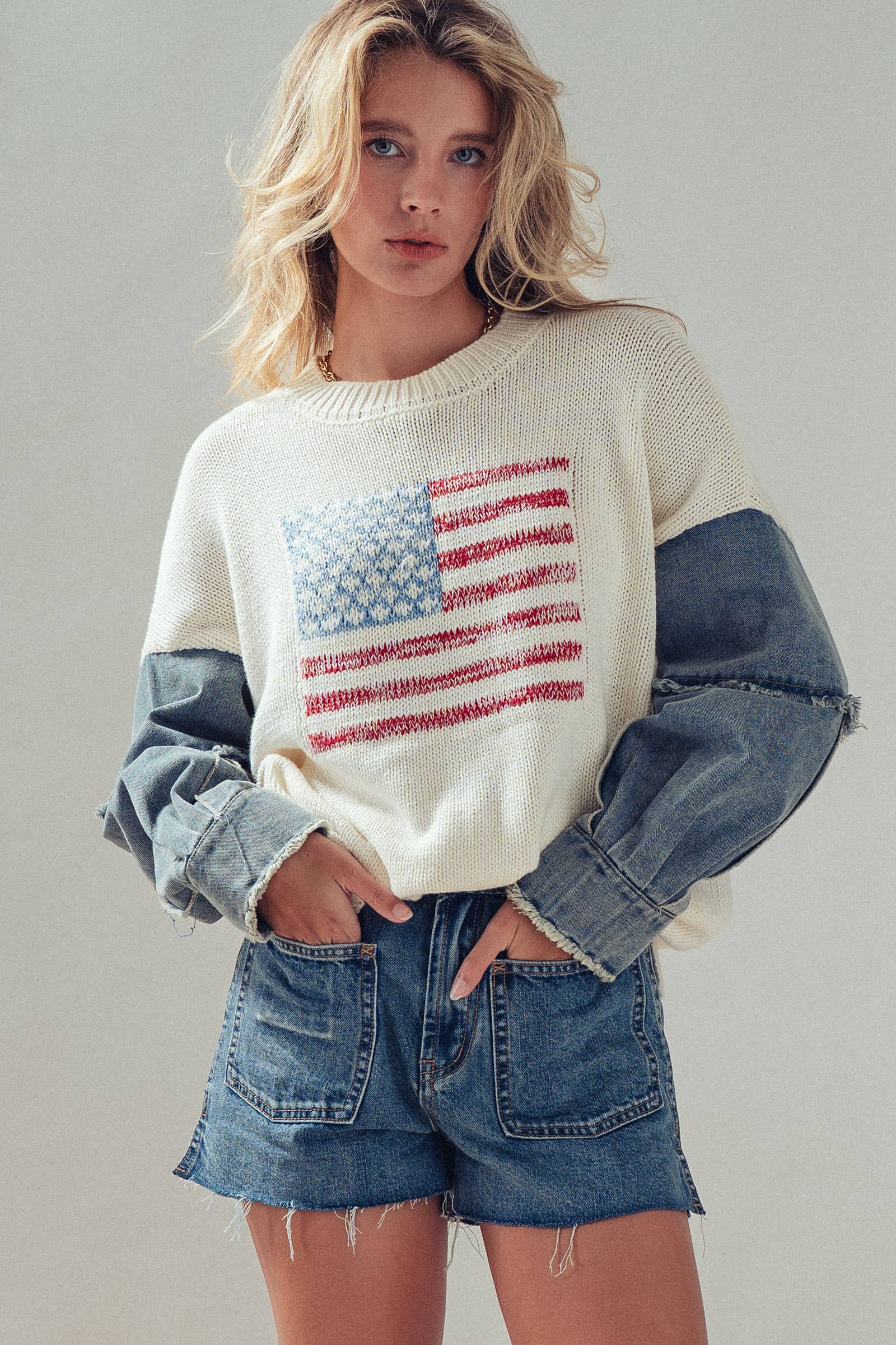 American Flag Mixed Media Denim Sleeve Sweater