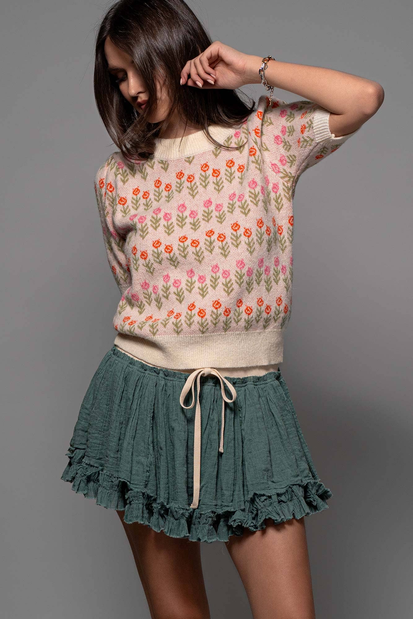 Urban Daizy Floral Print Crew Neck Knit Sweater Green Knit Top - Women's (UDZ-KN-00522) – alternate view 17