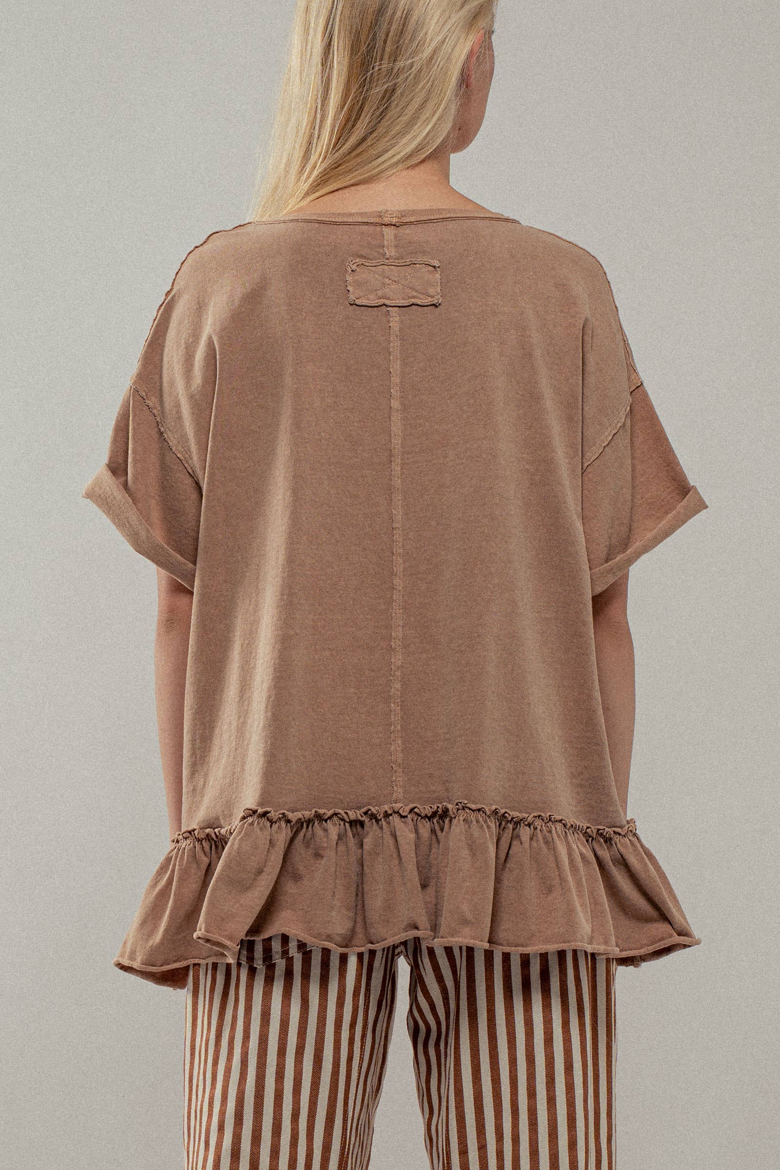 Casual Drop Shoulder Ruffle Hem Exposed Stitch Crew Neck Top