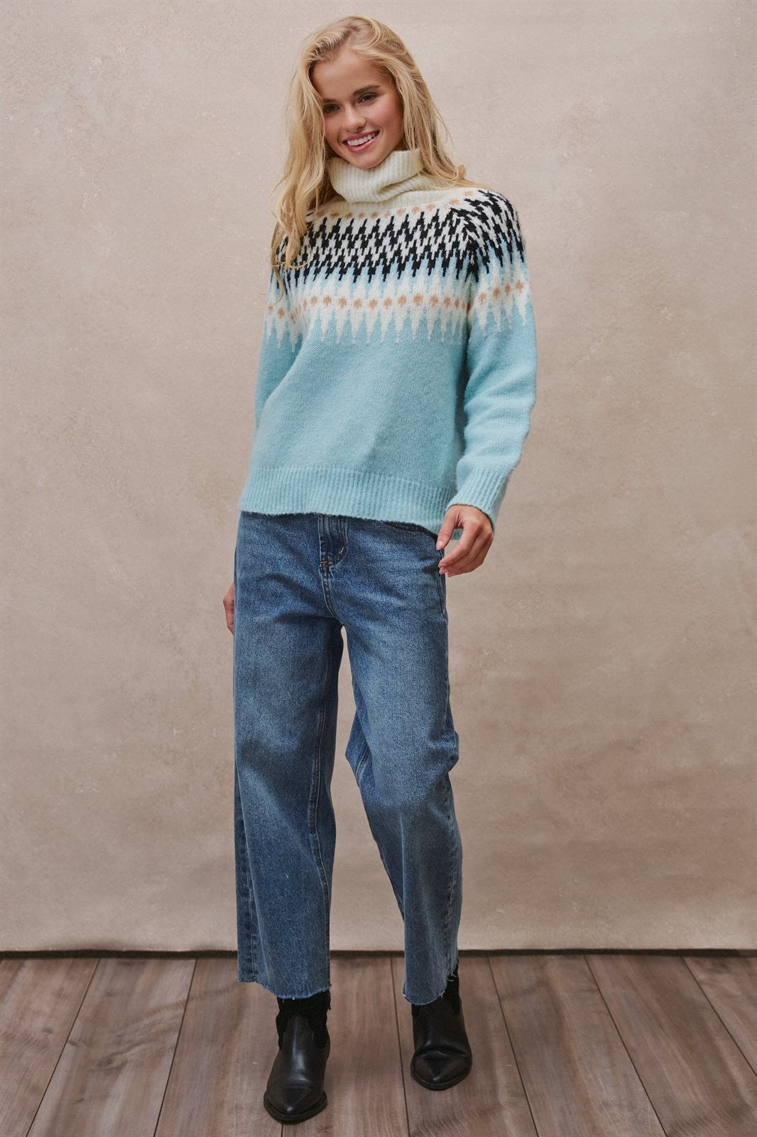 Icelandic Yoke Turtleneck Sweater in PASTEL BLUE - Women's Sweaters | Urban Daizy