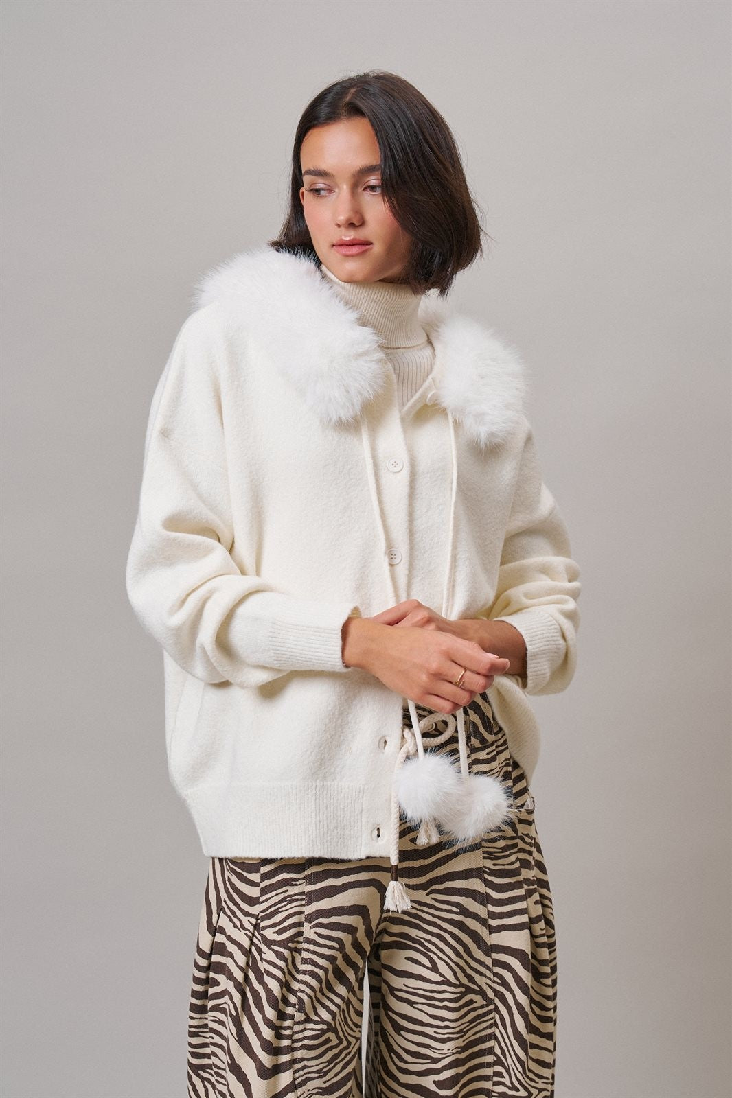 Faux Fur Hood Pom Pom Cardigan Wool Blend in Baby Blue in IVORY - Women's Cardigans & Shrugs | Urban Daizy