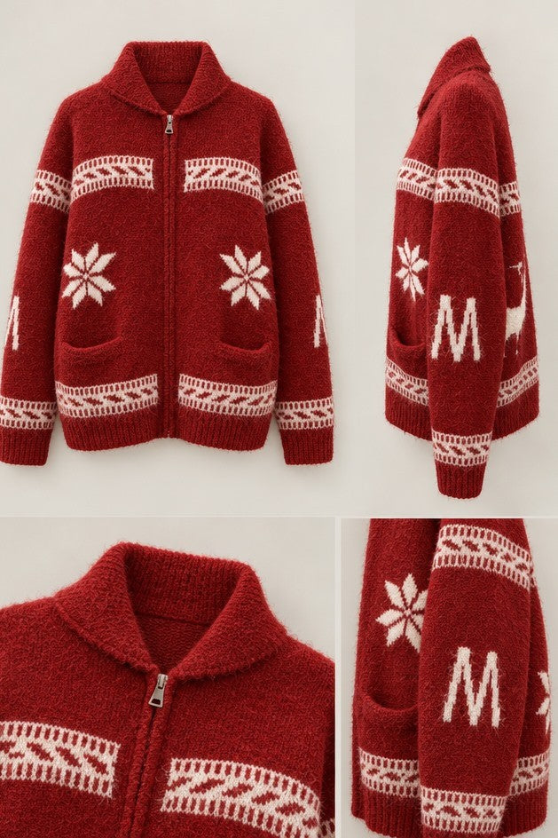 Frost Stag Zip Up Cardigan in RED - Women's Cardigans & Shrugs | Urban Daizy