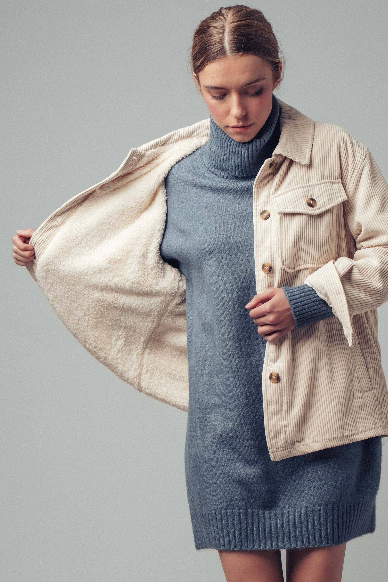 Urban Daizy Oversized Sherpa Lined Corduroy Shacket Beige Shirt Jacket Shacket - Women's (UDZ-OT-00163) – alternate view 5