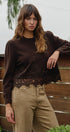 Lace Trim Knit Sweater with Floral Hem Detail in BROWN - Women's Sweaters | Urban Daizy