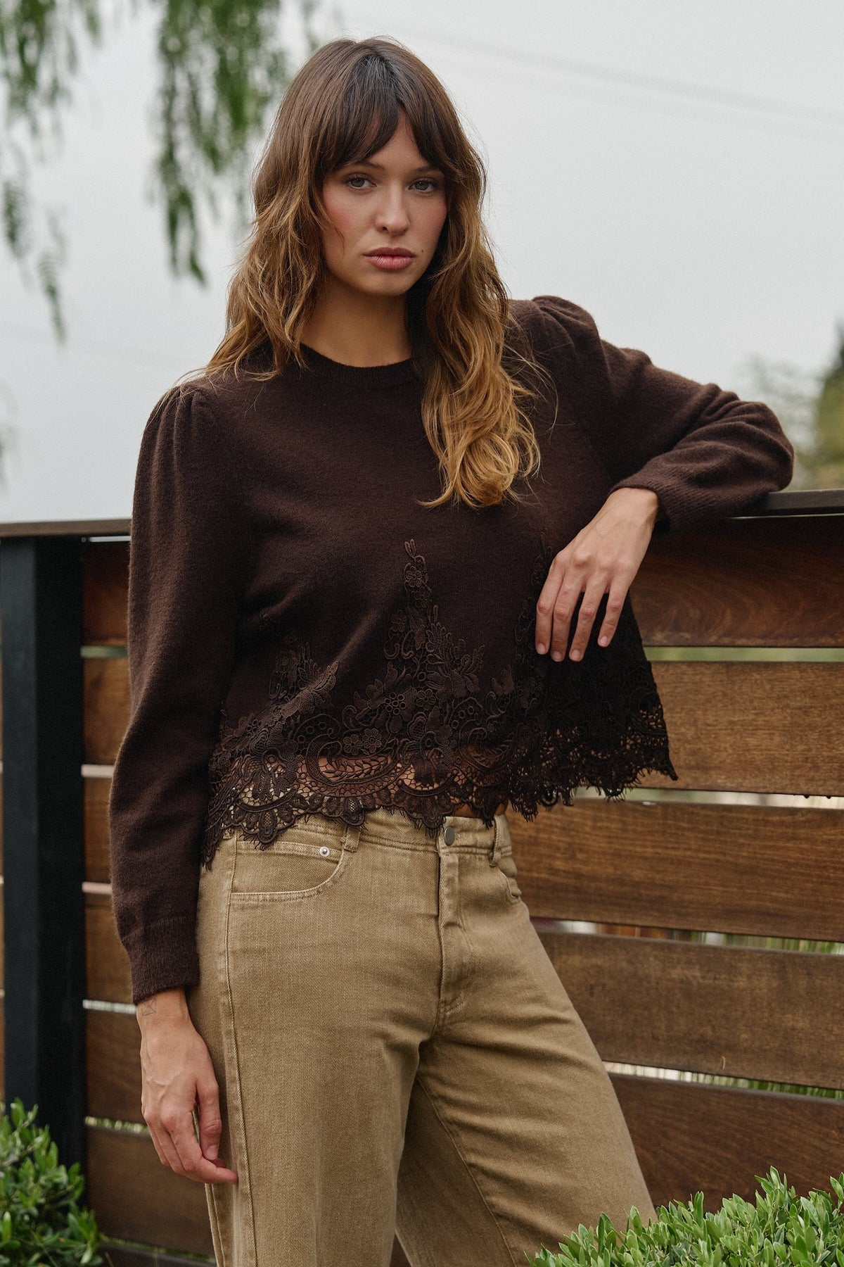 Lace Trim Knit Sweater with Floral Hem Detail in BROWN - Women's Sweaters | Urban Daizy