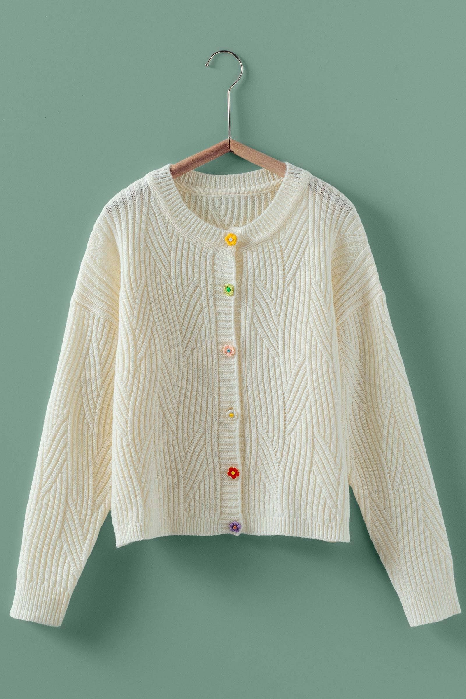 Flower Button Textured Knit Cardigan