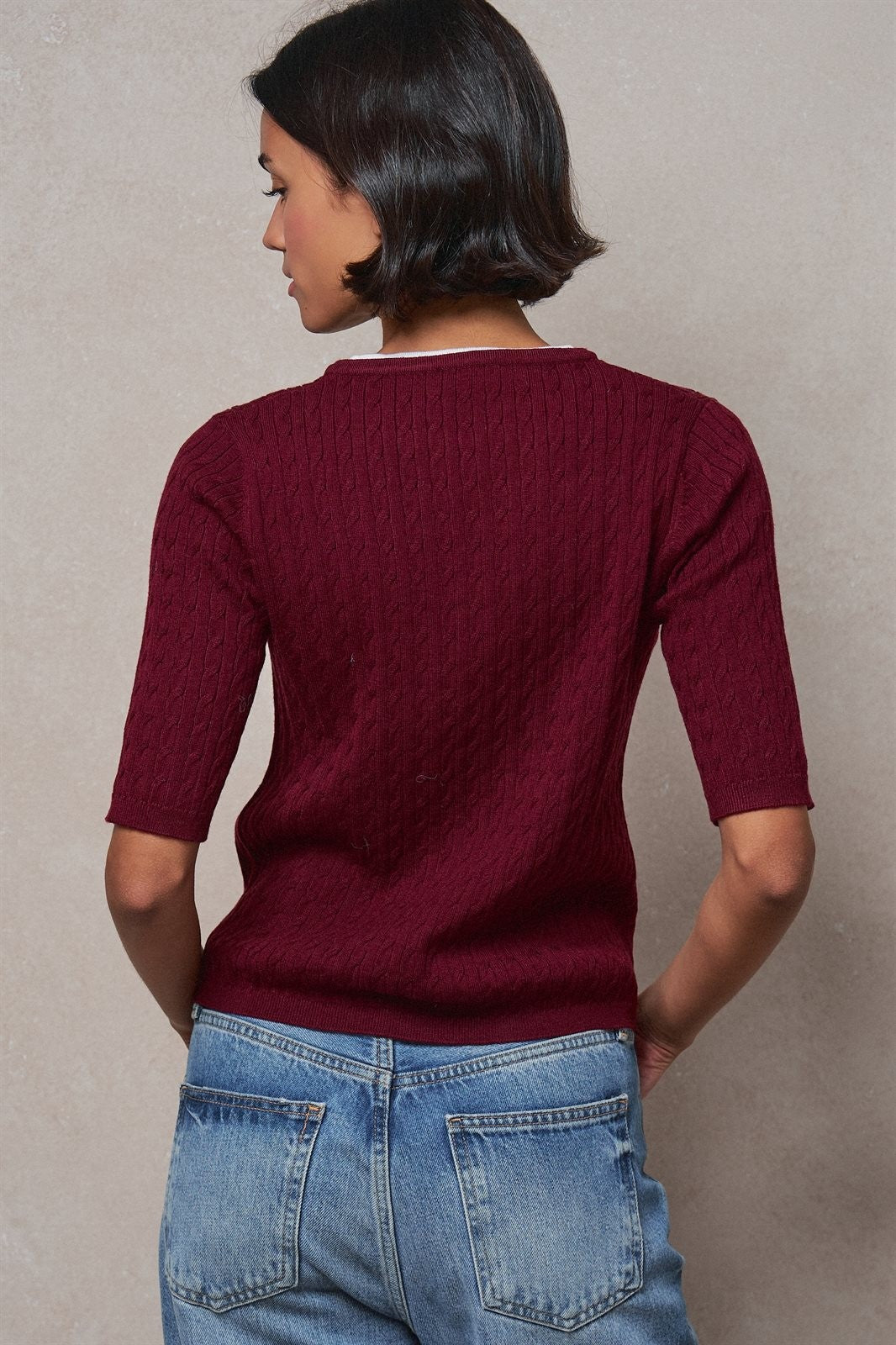 Wool Blend Cable Knit Henley with Contrast Neckline in BURGUNDY - Women's Sweaters | Urban Daizy