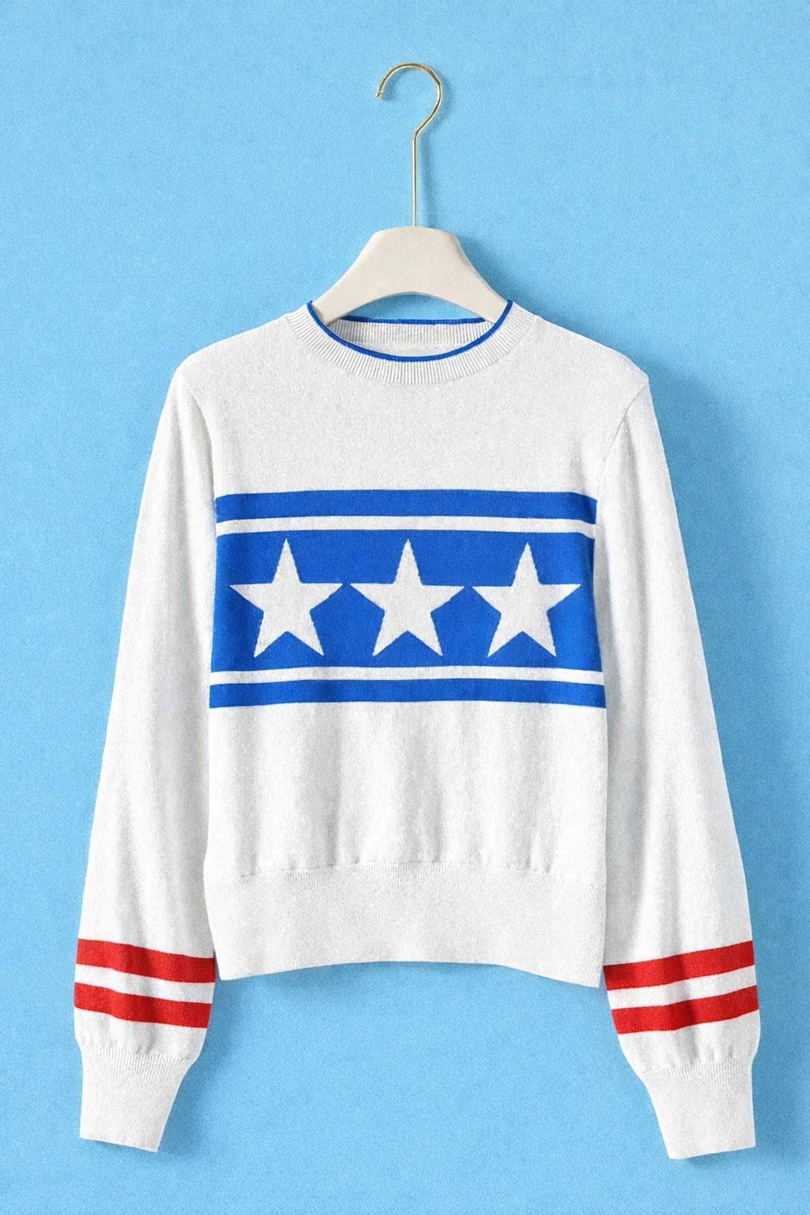 Urban Daizy Americana Triple Star Knit Sweater Varsity Stripe White Knit Sweater - Women's (UDZ-KN-01054)