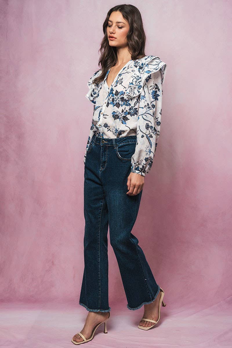 Urban Daizy Ruffled Shoulder V Neck Button Down Blouse White Black Blouse - Women's (UDZ-TP-00746) – alternate view 22