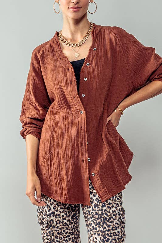 Urban Daizy PREMIUM SOFT FRAYED HEM GAUZE VINTAGE WASHED SHIRT Forest-Green Button Down Shirt - Women's (UDZ-TP-00225) –…