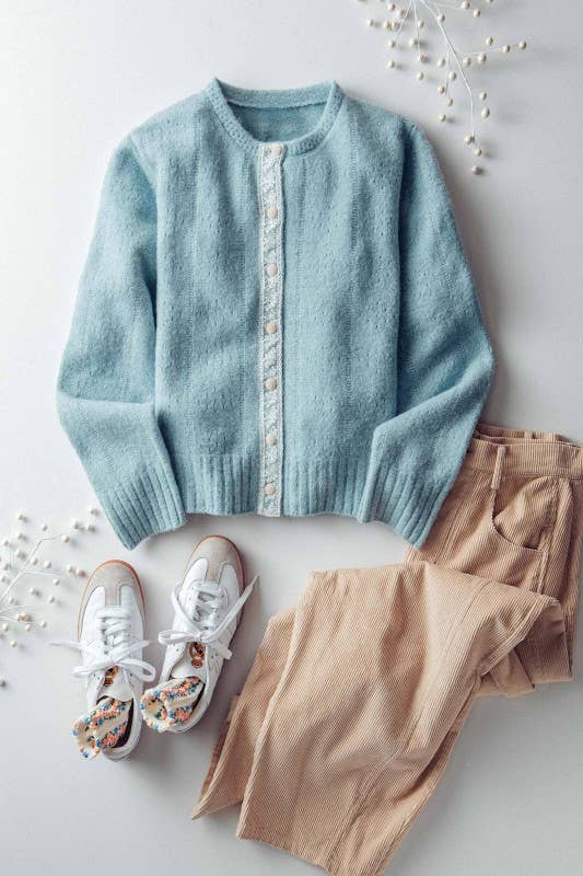 Urban Daizy Lace Trim Wool Blend Cardigan Pastel-Blue Cardigan - Women's (UDZ-KN-00652) – alternate view 20