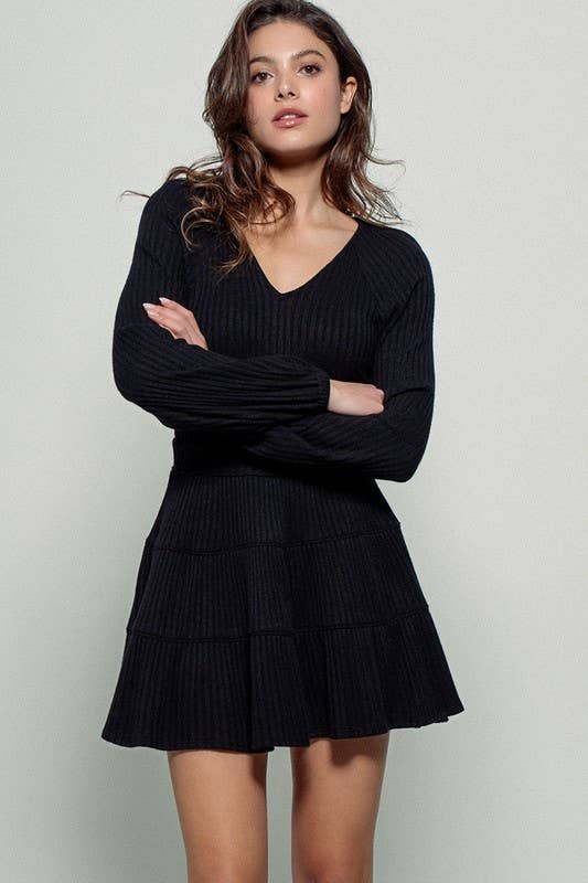 Cashmere Ribbed V-Neck Tiered Mini Dress