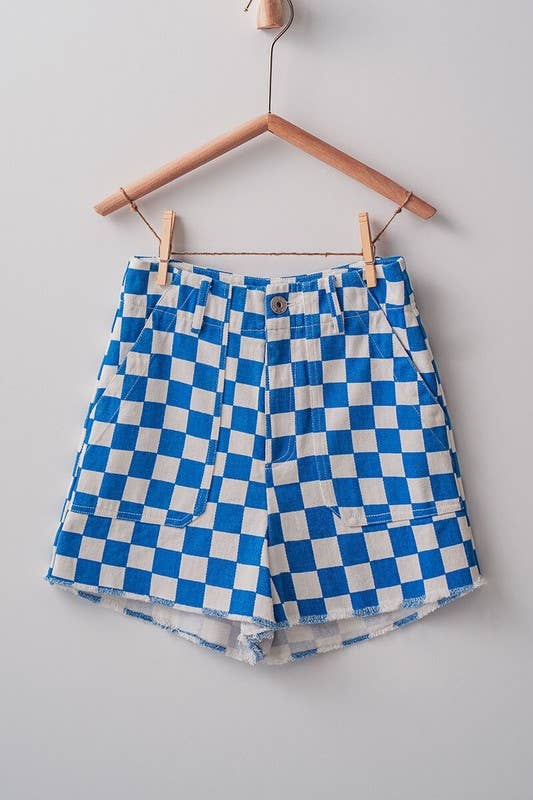 Retro Checkerboard Raw Hem Denim Shorts