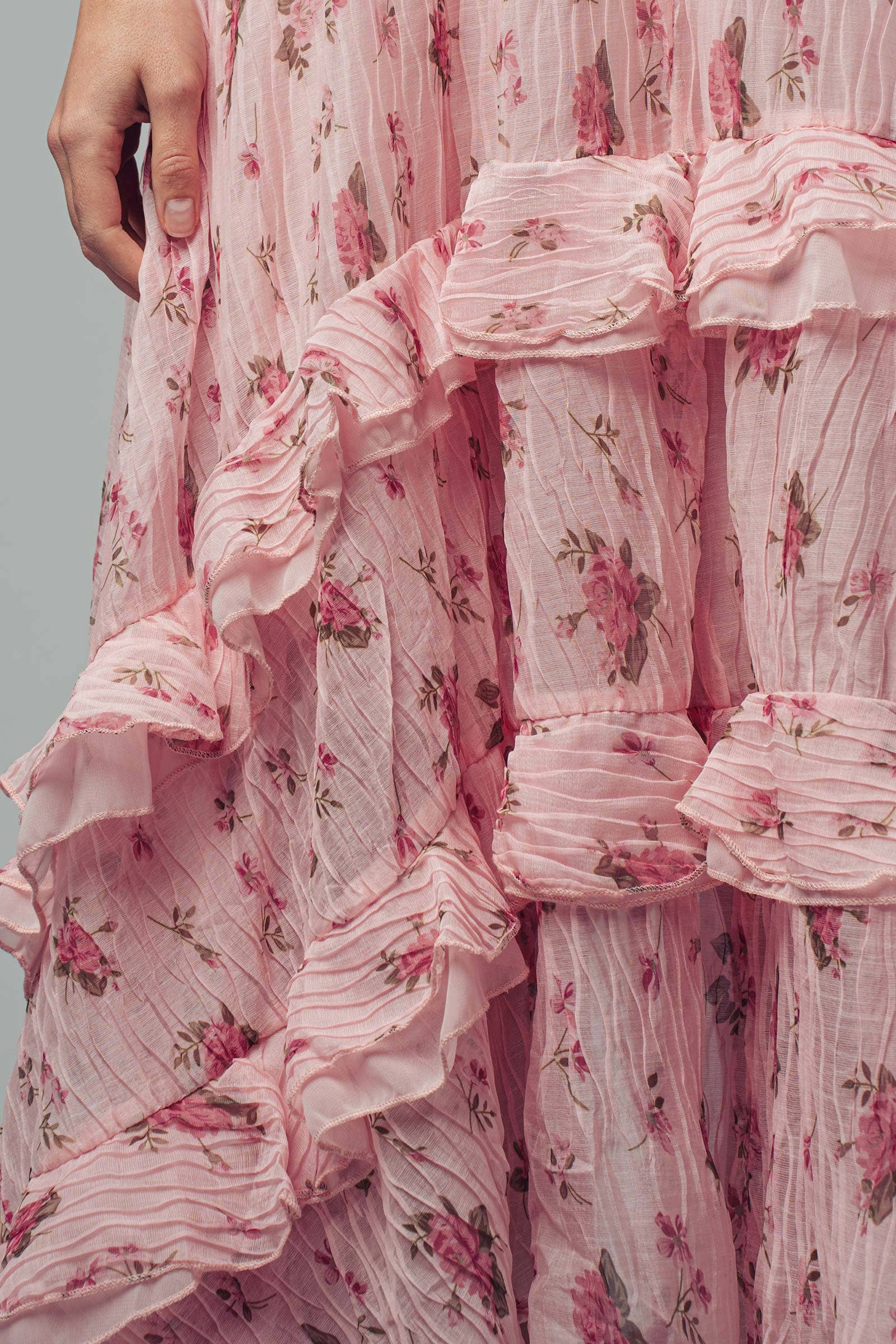 Floral Print Tiered Ruffle Crinkle Chiffon Dress