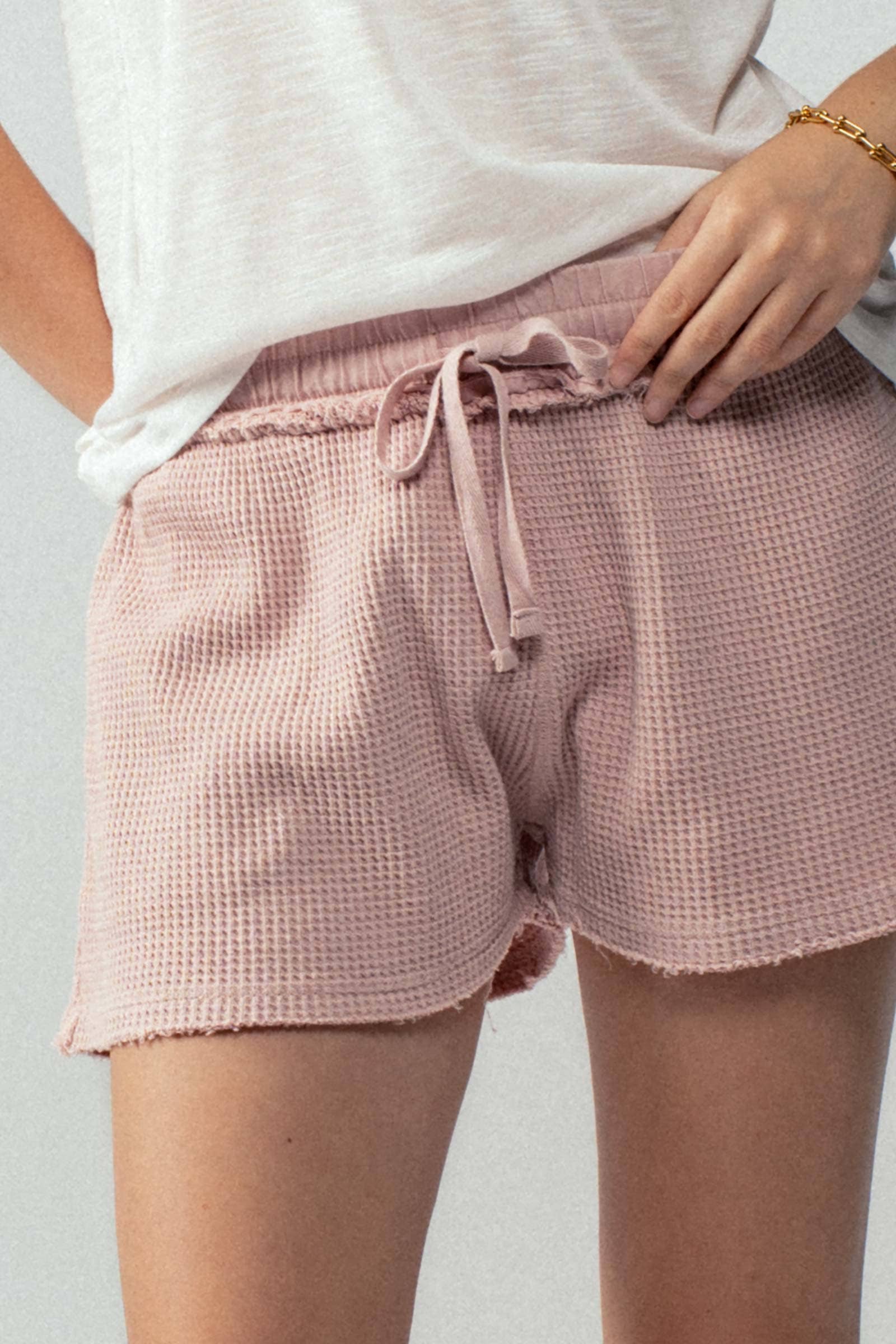 Waffle Knit Distressed Hem Drawstring Lounge Shorts