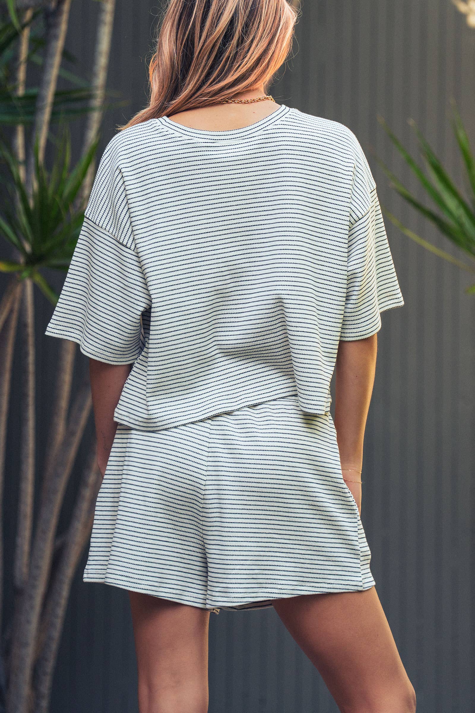 Urban Daizy Striped Knit Two-Piece Lounge Set Boxy Tee Navy-White Lounge Set - Women's (UDZ-AC-00234) – alternate view 5