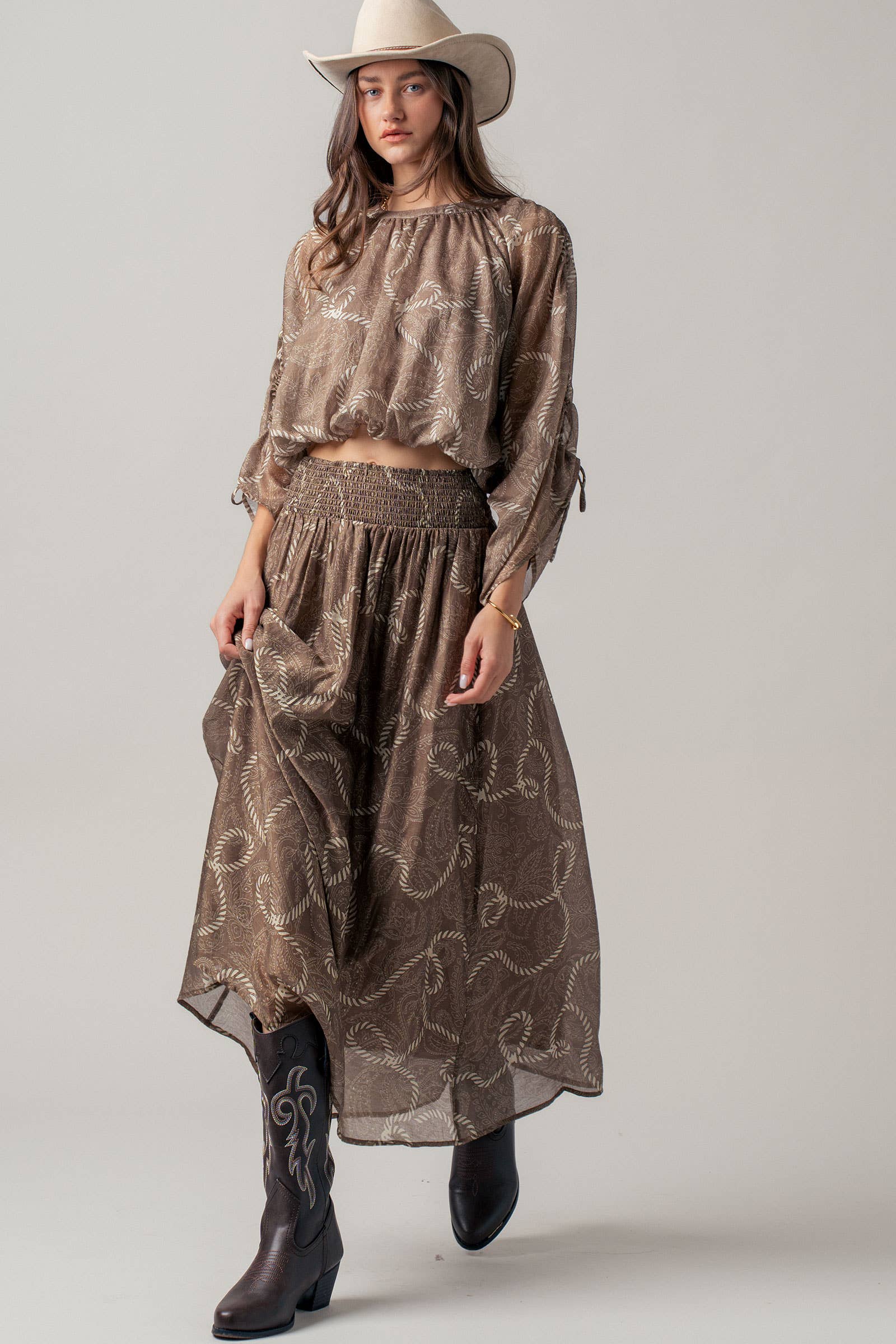 Rope Print Ruched Sleeve Blouse Linen Silk Blend