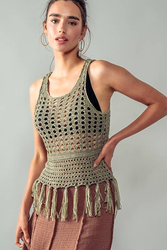 Urban Daizy Crochet Knit Boho Tassel Hem Summer Cover Top Khaki Knit Top - Women's (UDZ-TP-00504) – alternate view 5