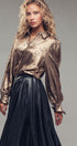 Metallic Shimmer Button Down Blouse with Puff Sleeves in GOLD - Women's Shirts & Blouses | Urban Daizy