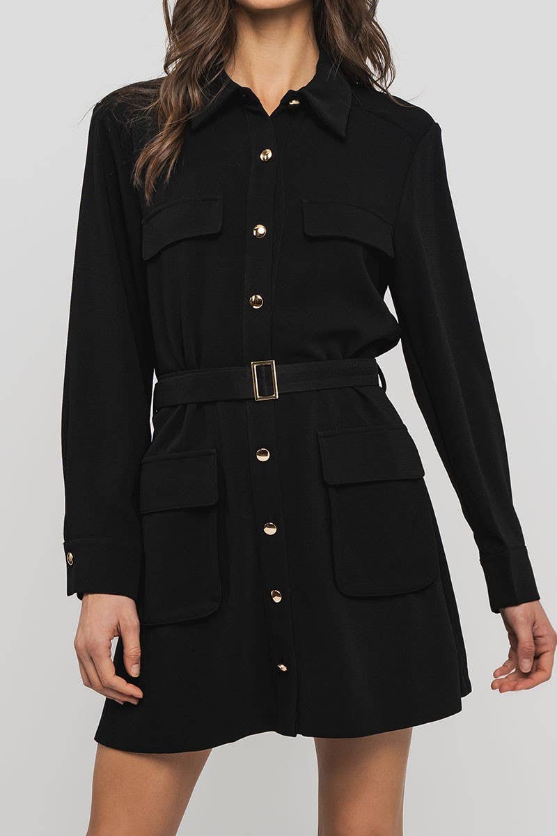 Urban Daizy Gentle Whisper Belted Long Sleeve Mini Shirt Dress Black Dress - Women's (UDZ-DR-00353)