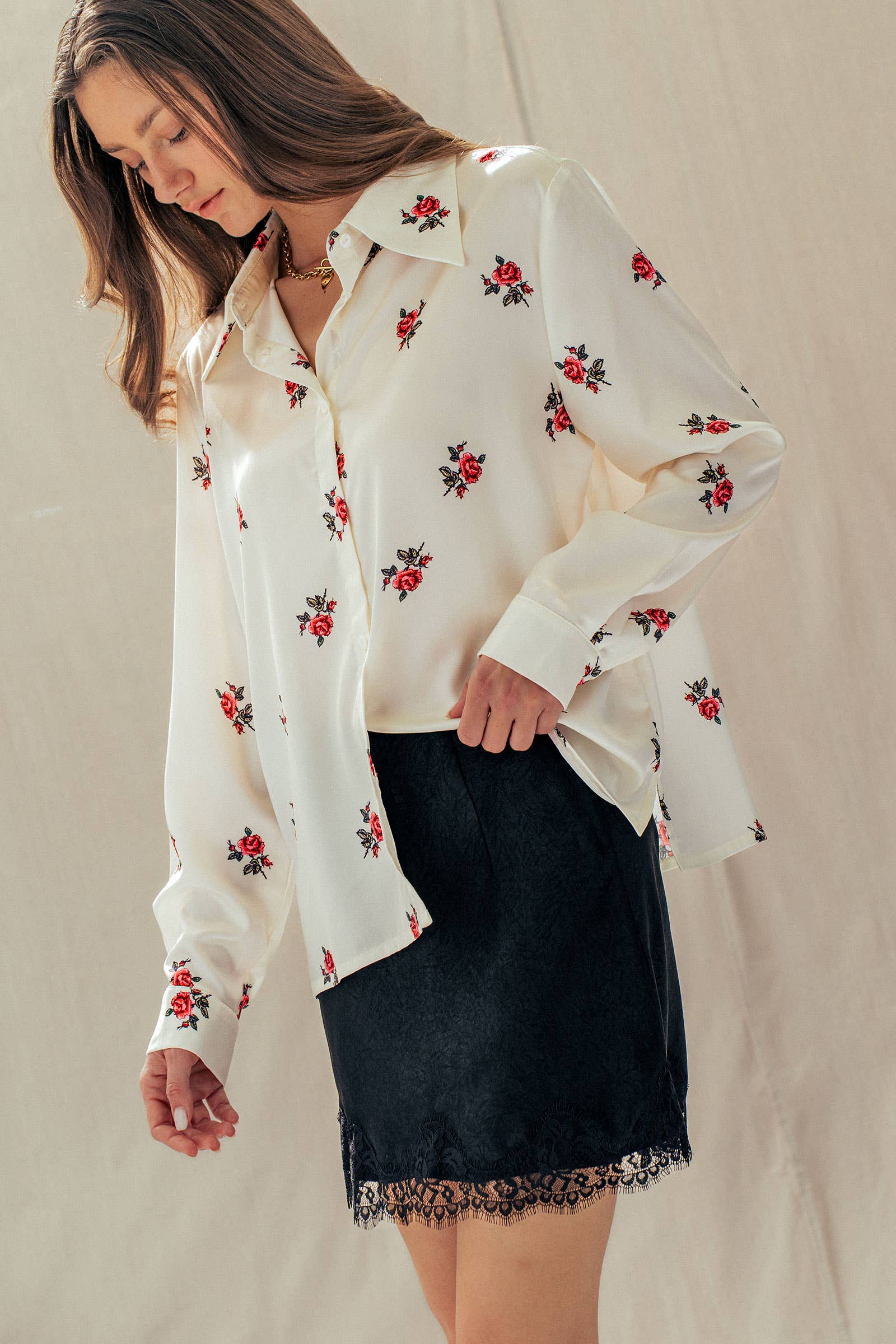 Rose Print Satin Button-Up Blouse