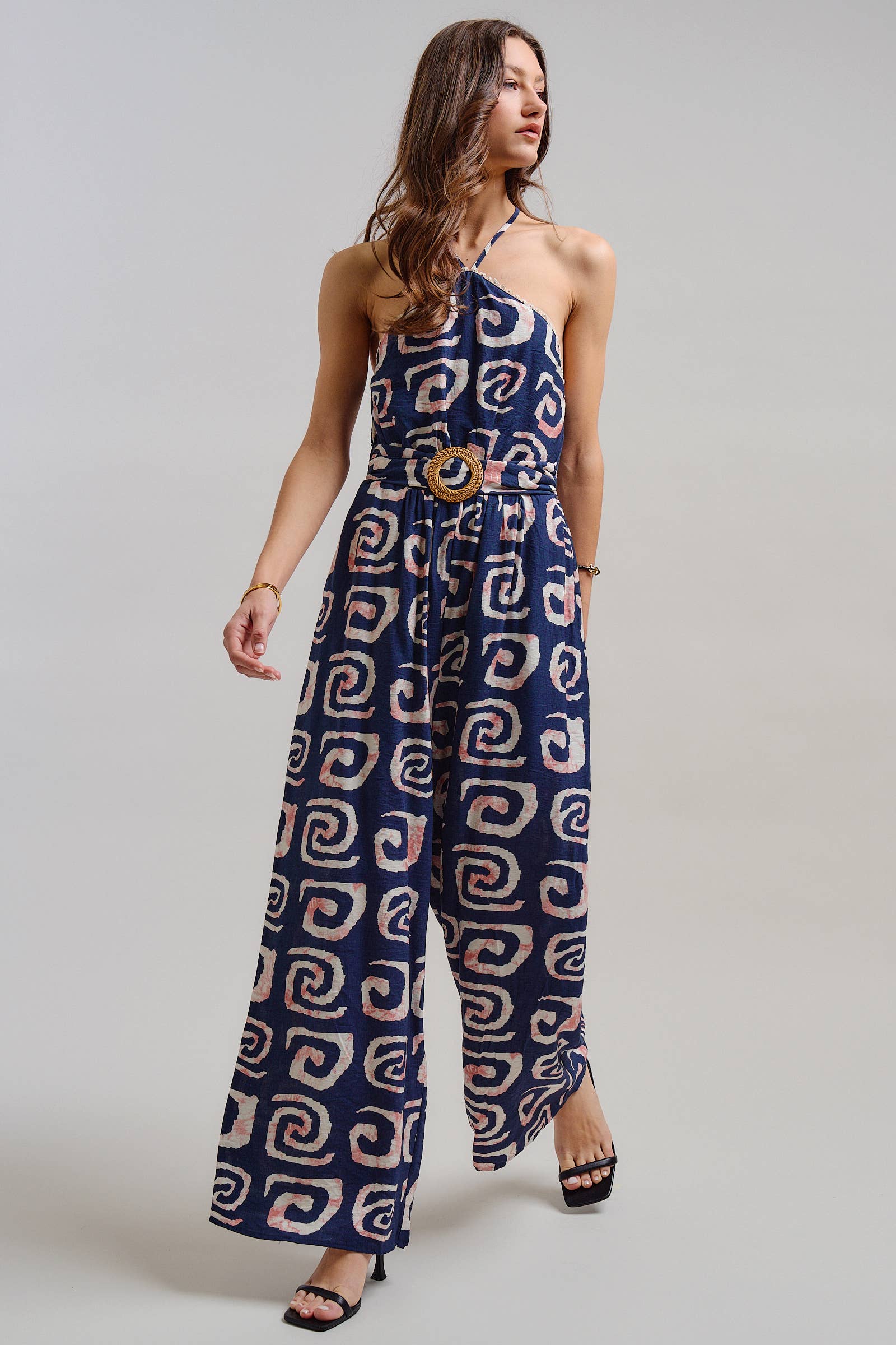 Urban Daizy Geometric Print Halter Belted Wide Leg Jumpsuit Blush Jumpsuit - Women's (TNJU0181-Blush) – alternate view 2