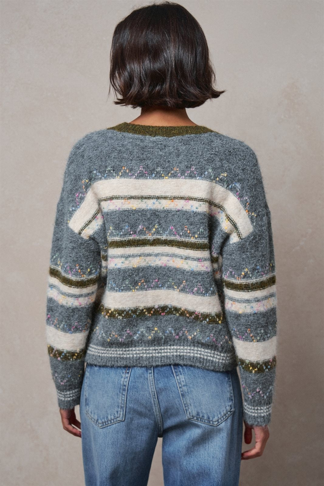 Multicolor Stripe Fair Isle Fuzzy Knit Sweater in GREY - Women's Sweaters | Urban Daizy