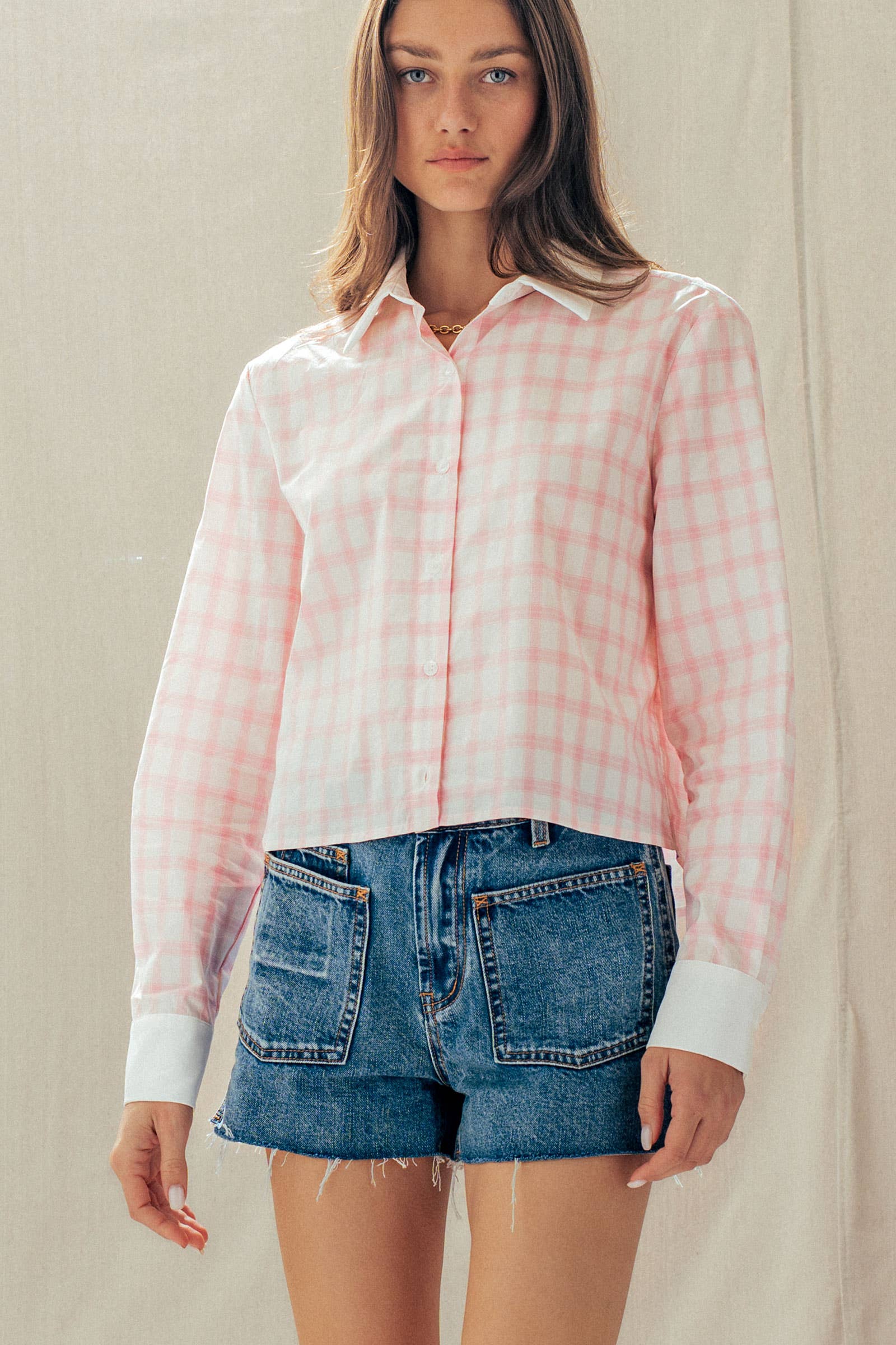 Contrast Collar Plaid Button Front Shirt