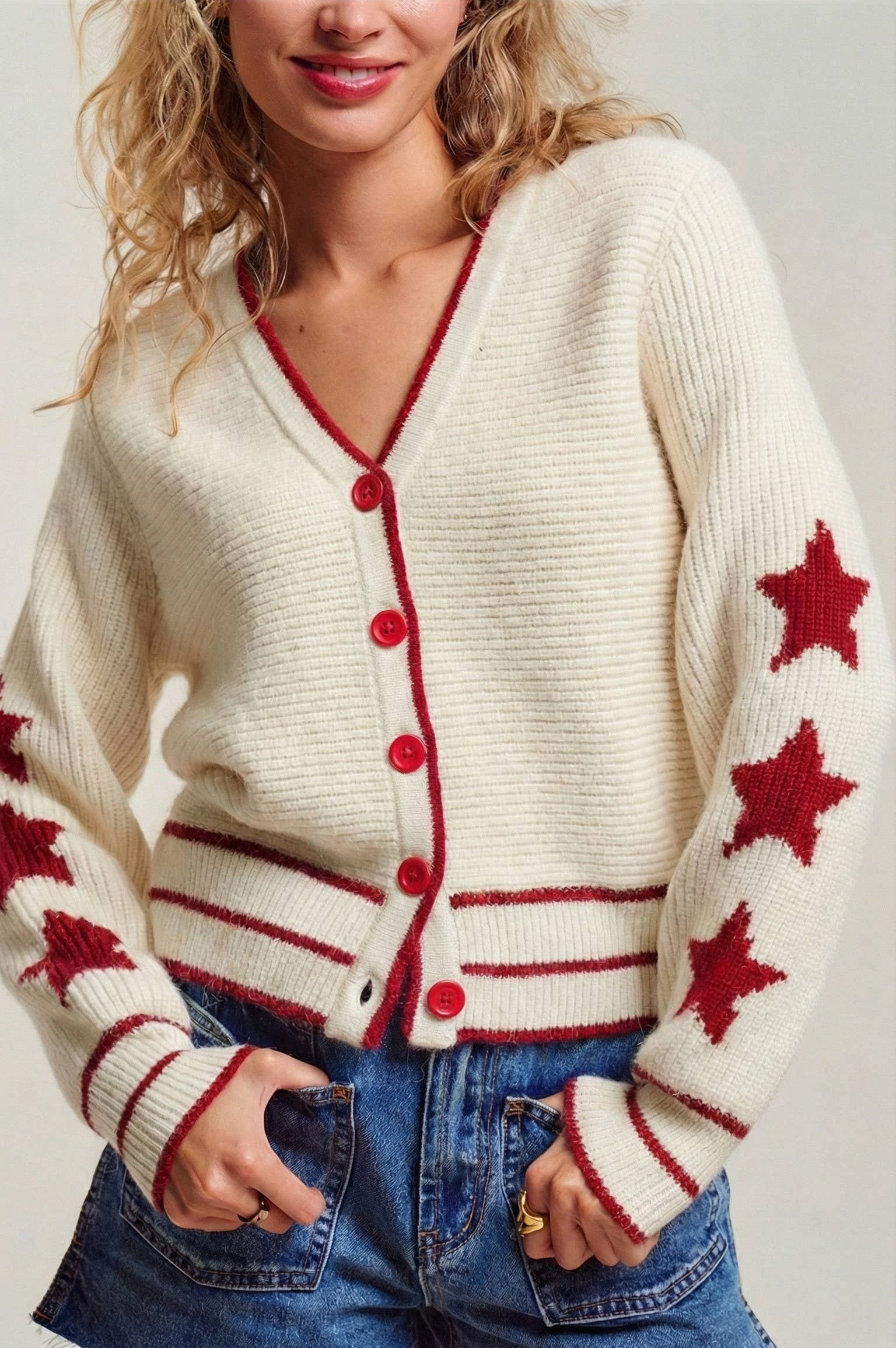 Urban Daizy Star Sleeve Striped Hem V-Neck Cardigan Ivory-Navy Cardigan - Women's (UDSW0347-Ivory-Navy) – alternate view 4