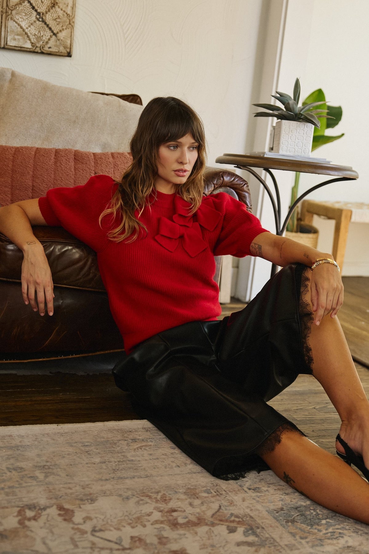 Bow Detail Puff Sleeve Ribbed Knit Sweater in RED - Women's Sweaters | Urban Daizy