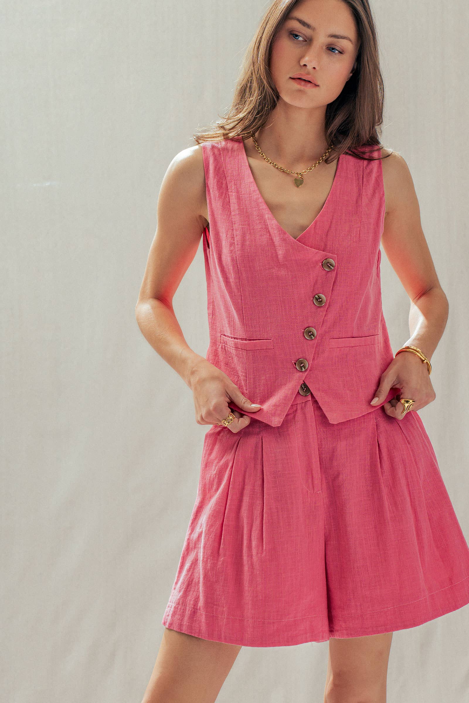 Asymmetrical Button Cotton Vest & Shorts Set