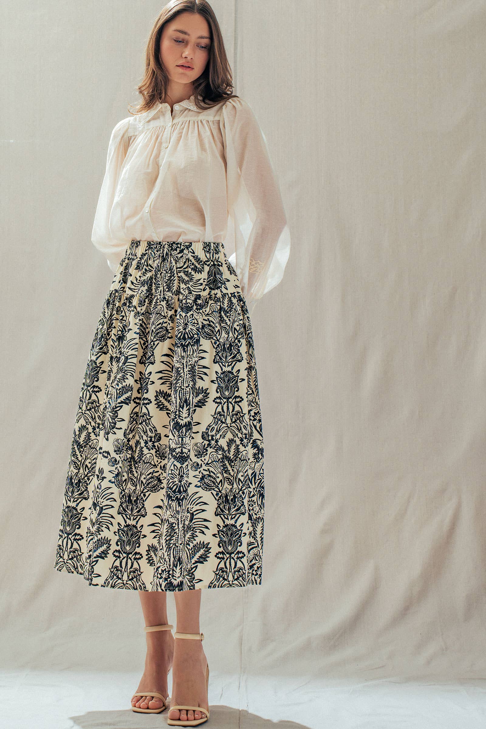 Urban Daizy Botanical Print Cotton Midi Skirt with Pockets Ivory-Black Skirt - Women's (UDSK0102) – alternate view 10