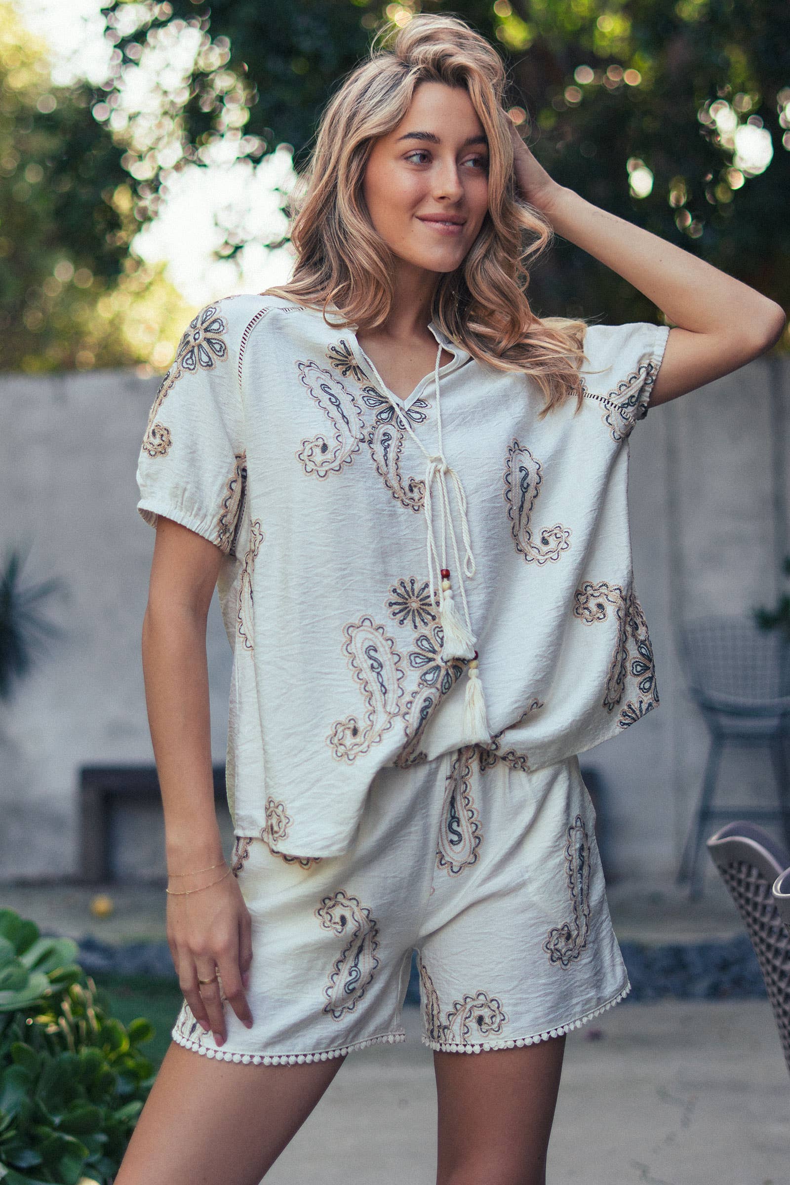 Paisley Embroidered Linen Blend Tassel Top