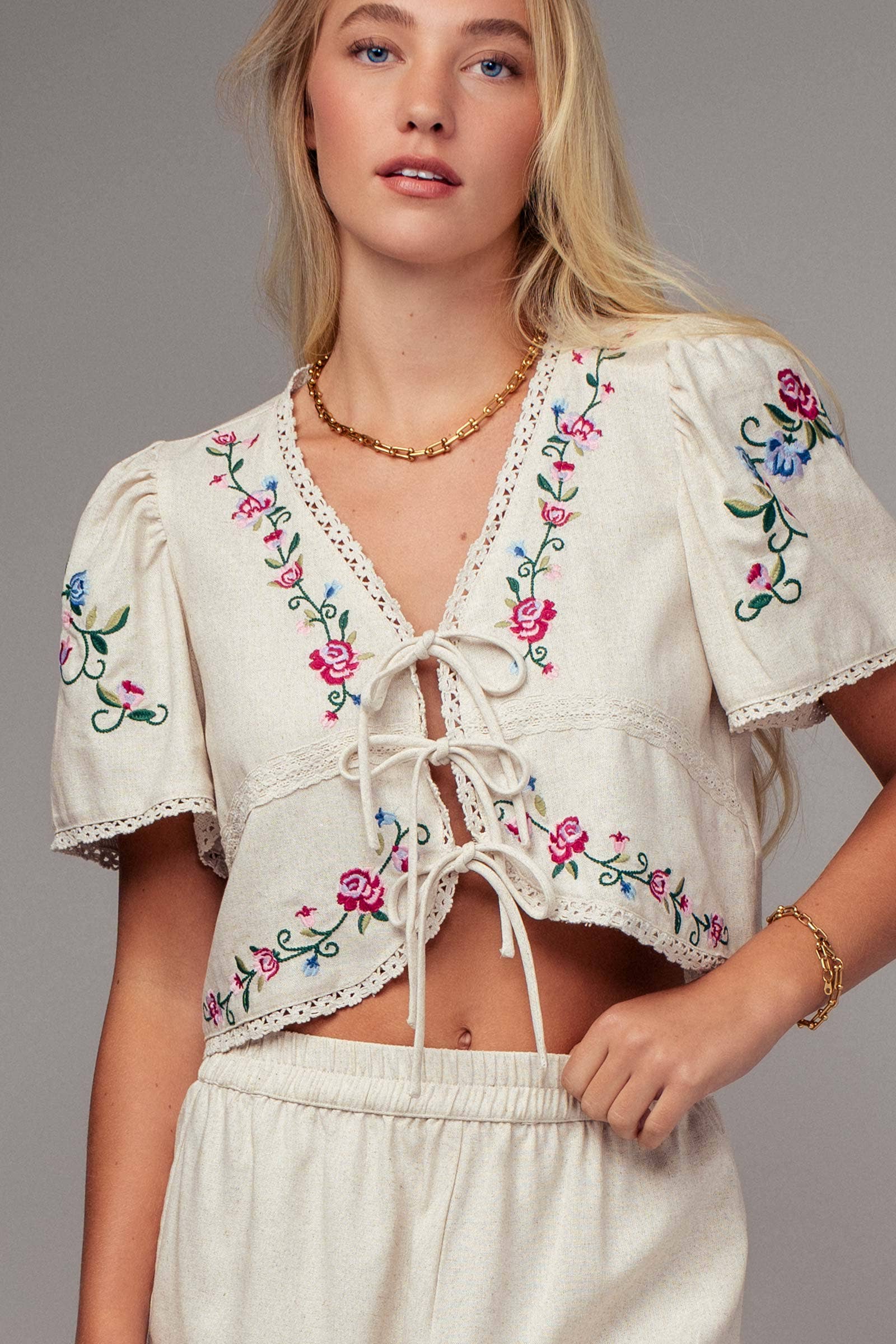 Urban Daizy Embroidered Tie-Front Boho Crop Top Natural Blouse - Women's (UDZ-TP-00811) – alternate view 2