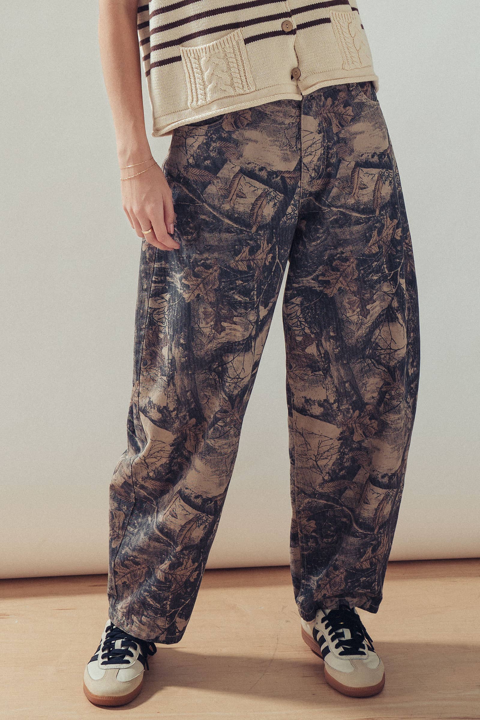 Forest Camo Print Barrel Leg Jeans