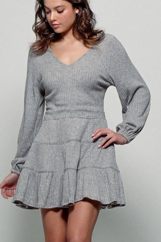 Cashmere Ribbed V-Neck Tiered Mini Dress