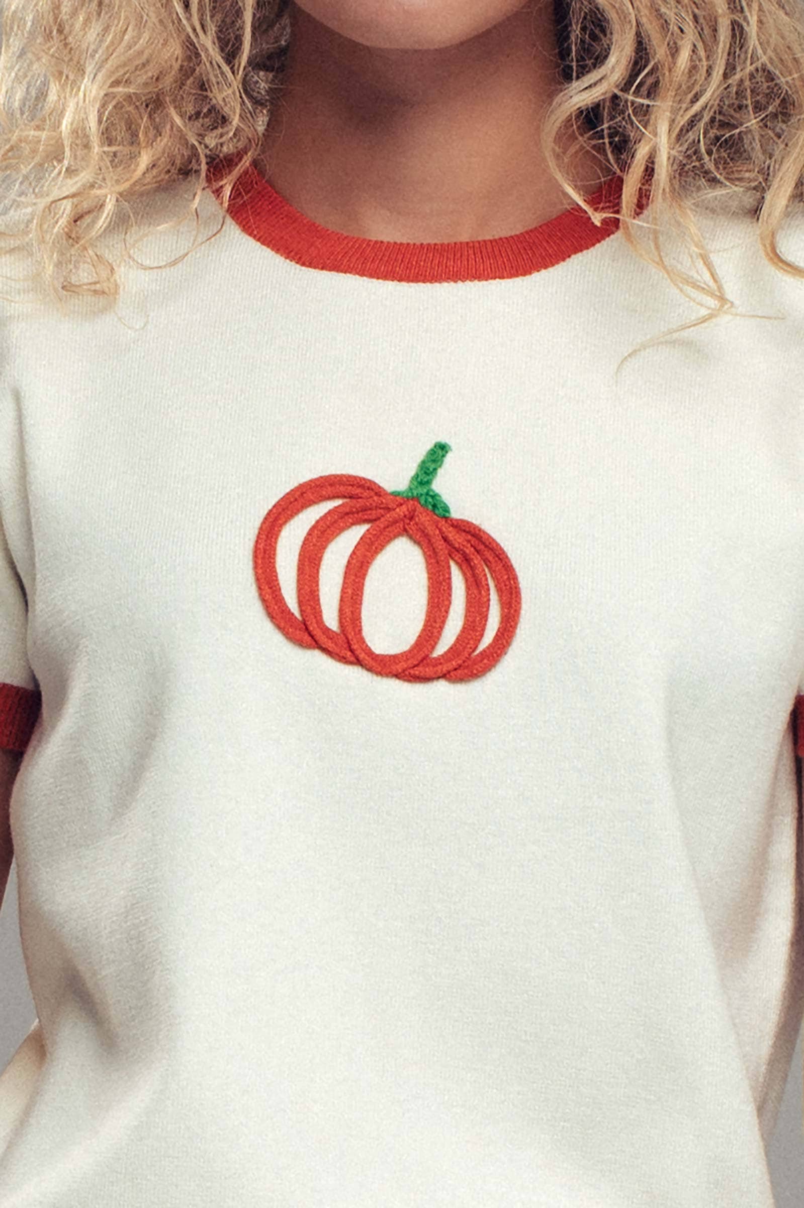 Pumpkin Embroidered Knit Tee Top