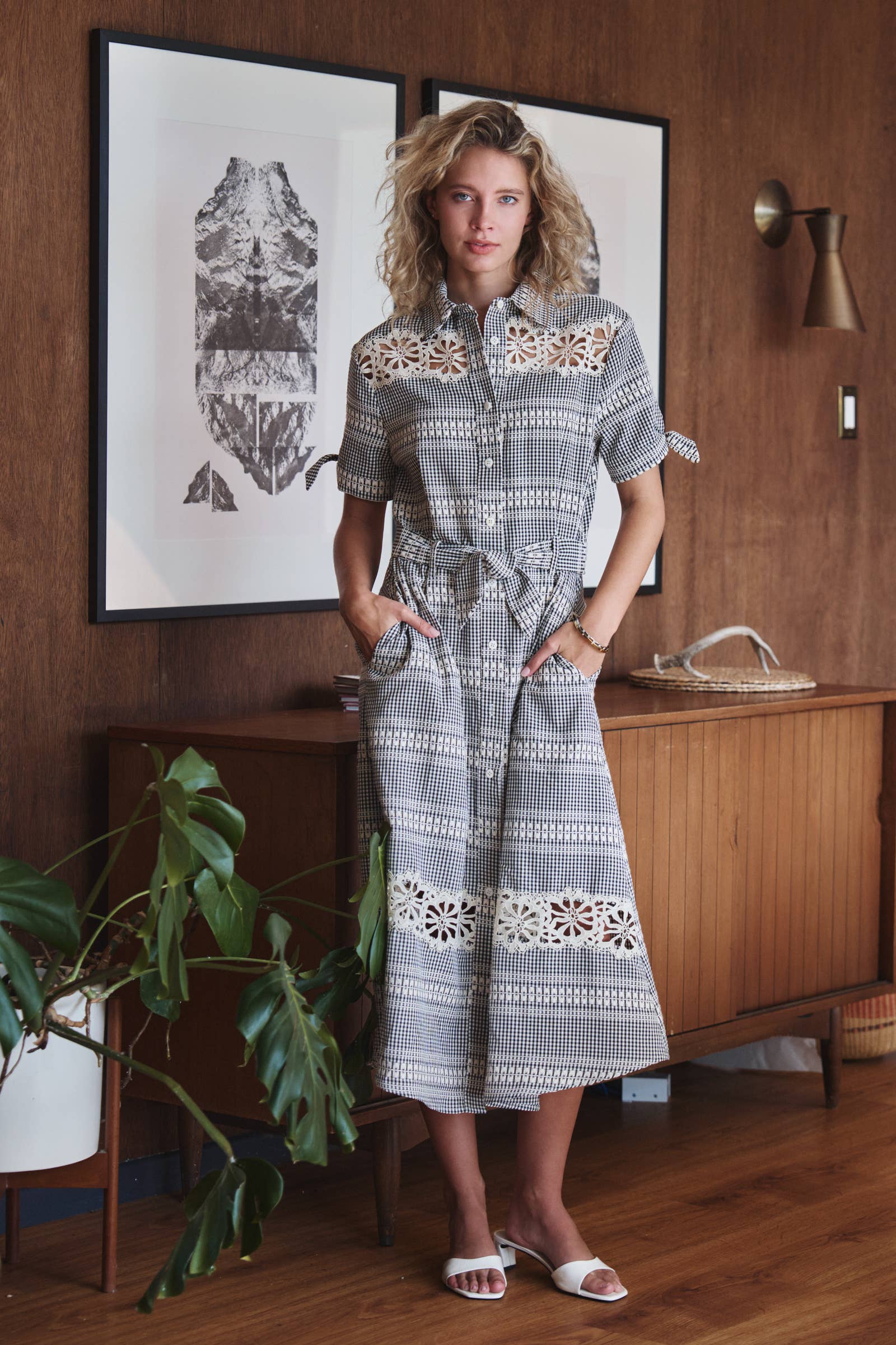 Gingham Cotton Shirt Dress Eyelet Embroidery