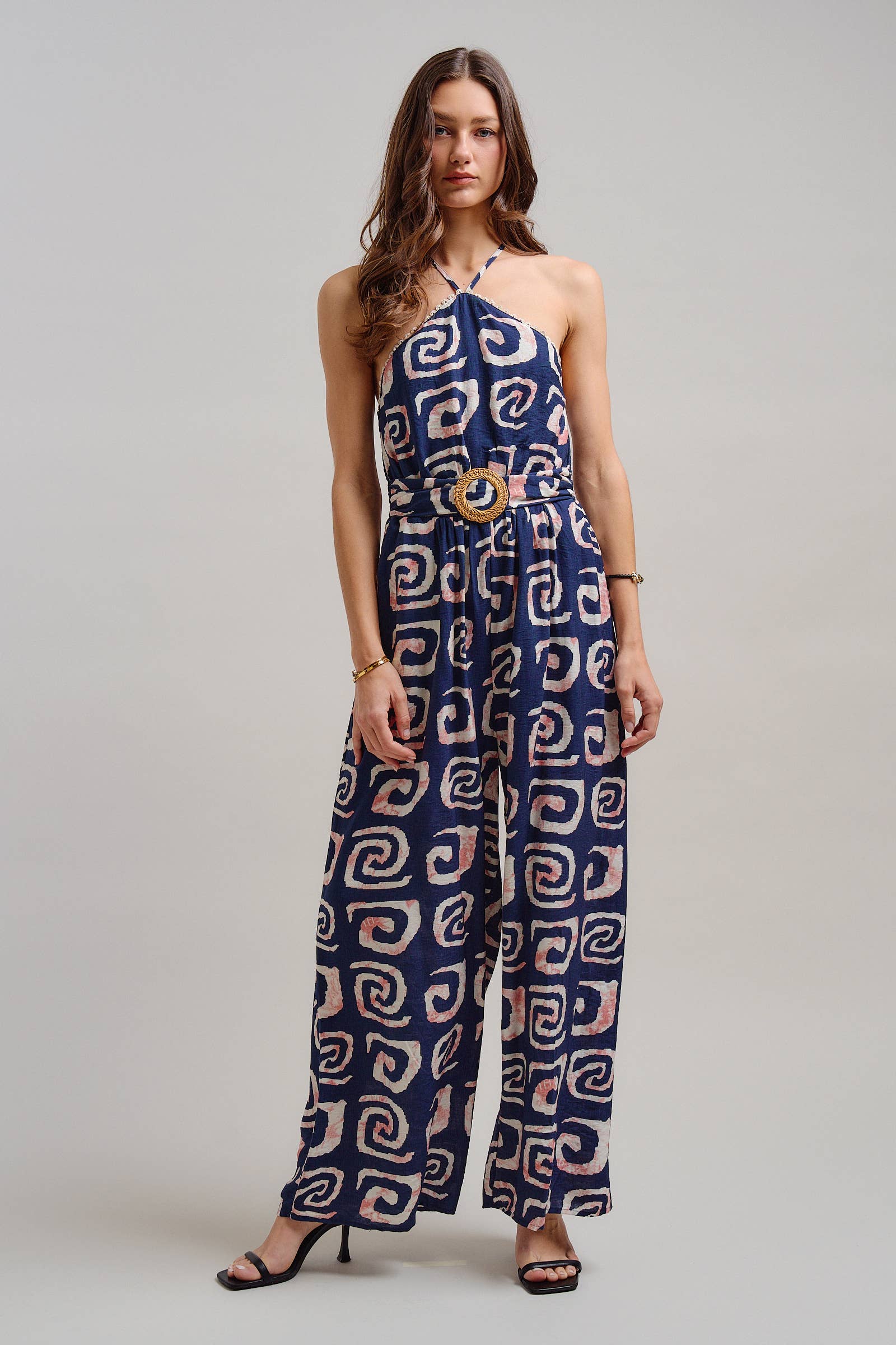 Urban Daizy Geometric Print Halter Belted Wide Leg Jumpsuit Blush Jumpsuit - Women's (TNJU0181-Blush) – alternate view 15