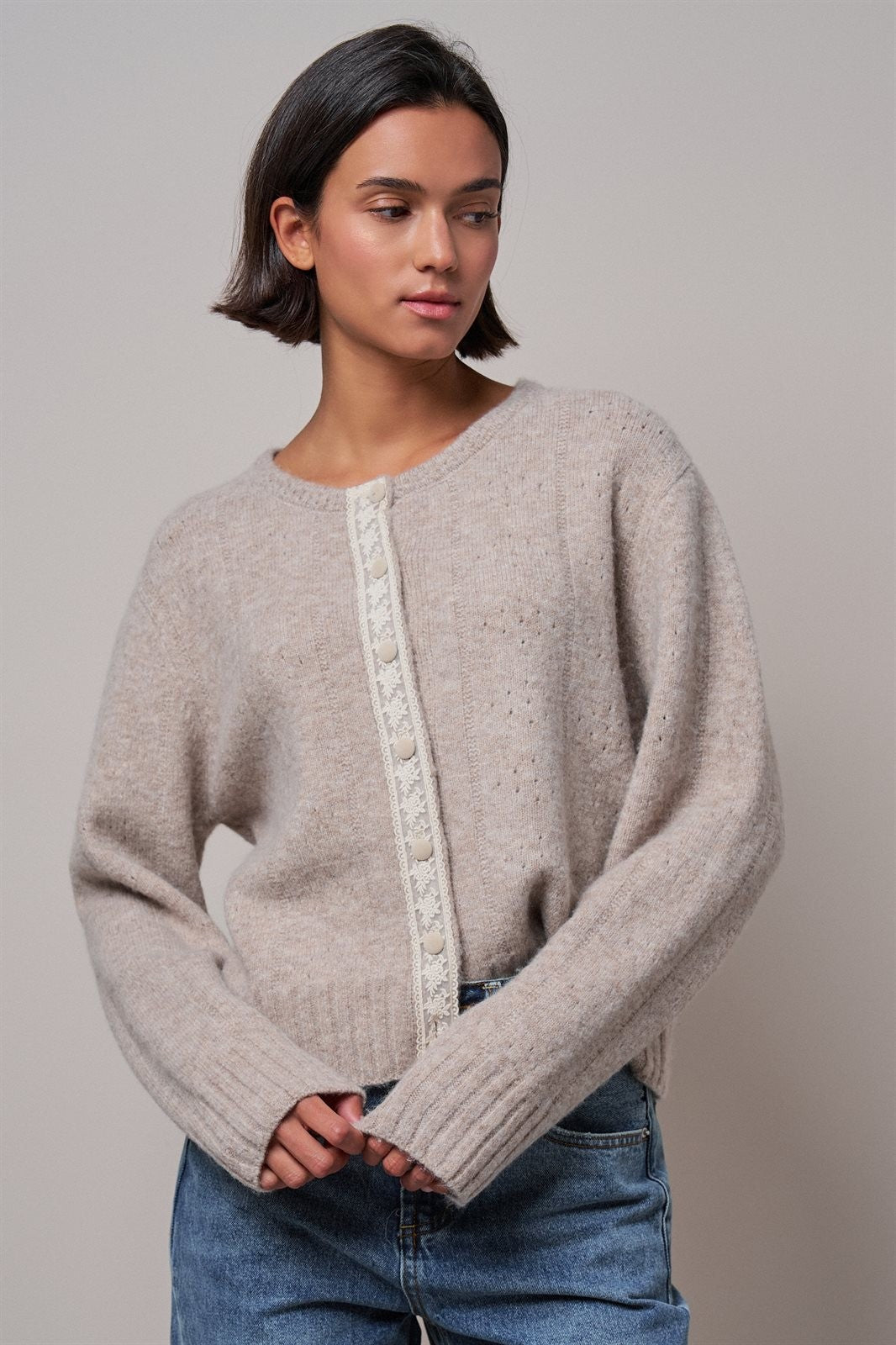 Elegant Wool Blend Cardigan with Lace Trim Detail in MOCHA - Women's Cardigans & Shrugs | Urban Daizy