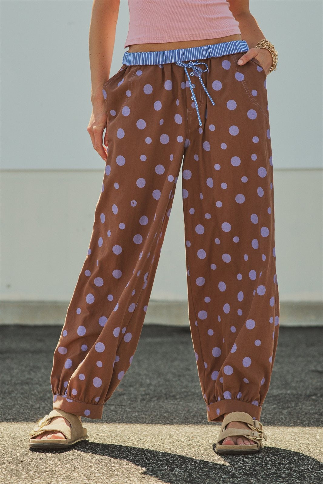Retro Candy Pop Polka Dot Pants in BROWN BLUE - Women's Pants | Urban Daizy