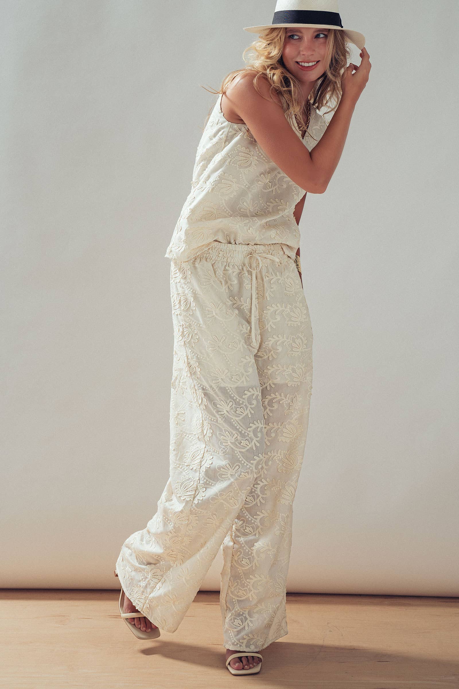 Floral Embroidered Cotton Top And Pant Set