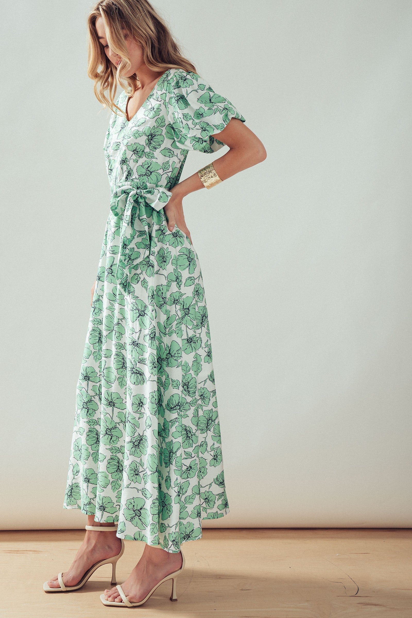Green Floral Puff Sleeve Midi Dress