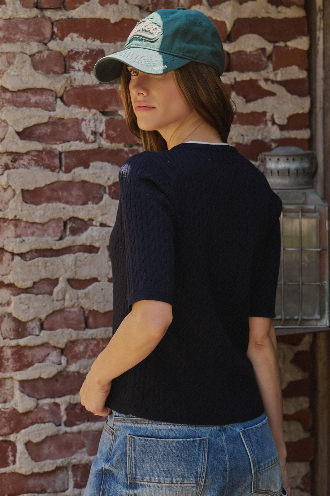 Wool Blend Cable Knit Henley with Contrast Neckline in NAVY - Women's Sweaters | Urban Daizy