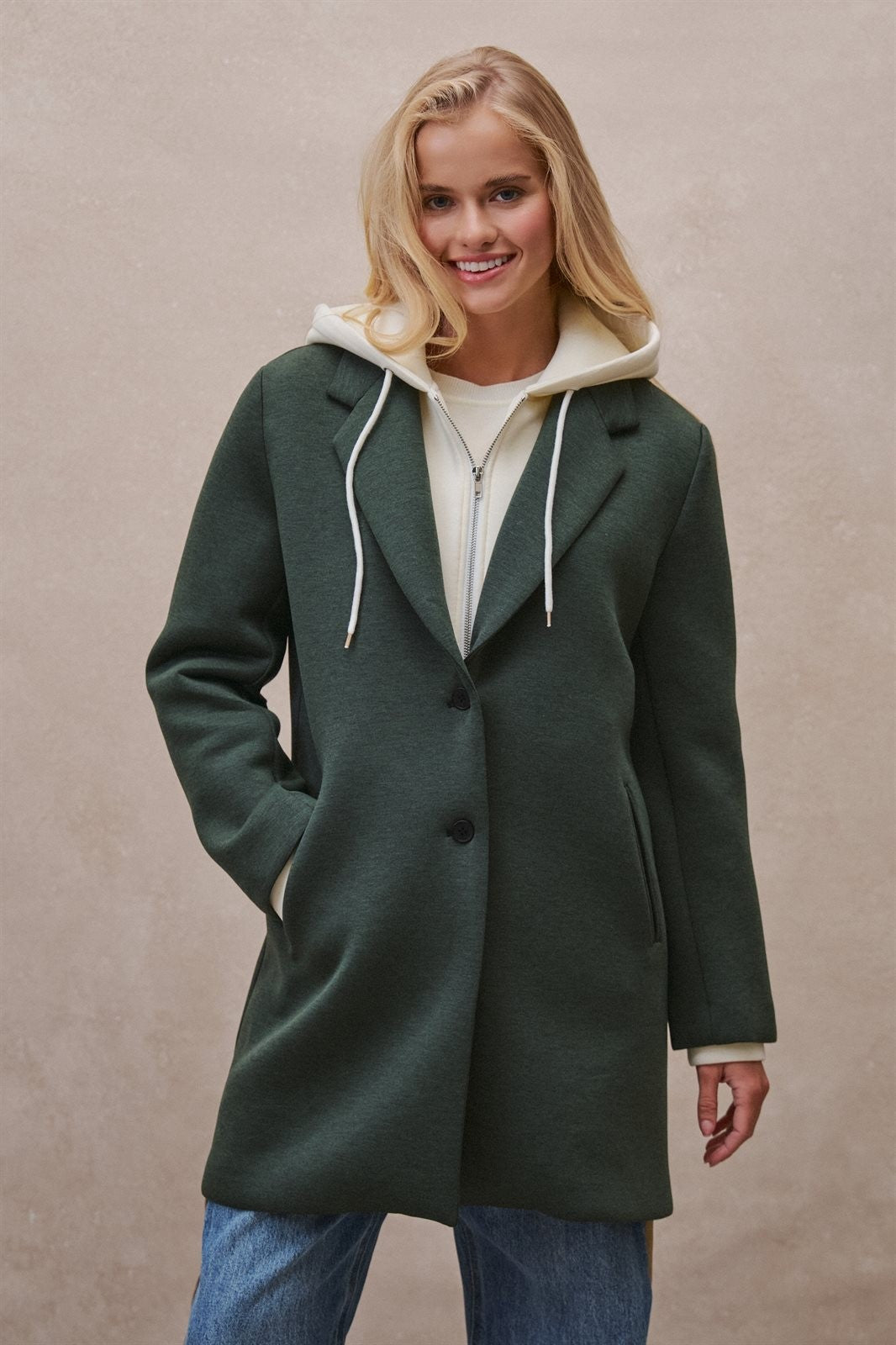 Scuba Topcoat with Detachable Hoodie in OLIVE - Women's Coats | Urban Daizy