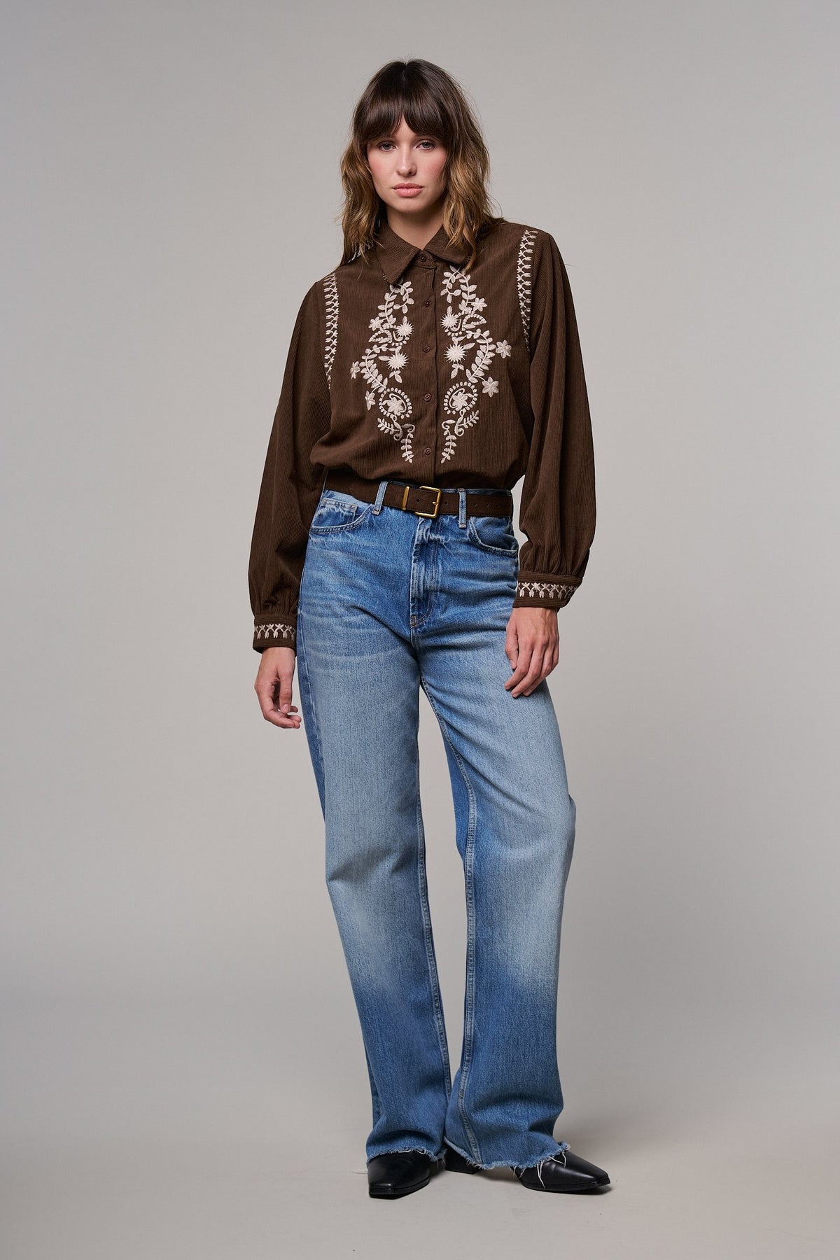 Embroidered Corduroy Western Shirt with Floral Stitch in BROWN - Women's Shirts & Blouses | Urban Daizy